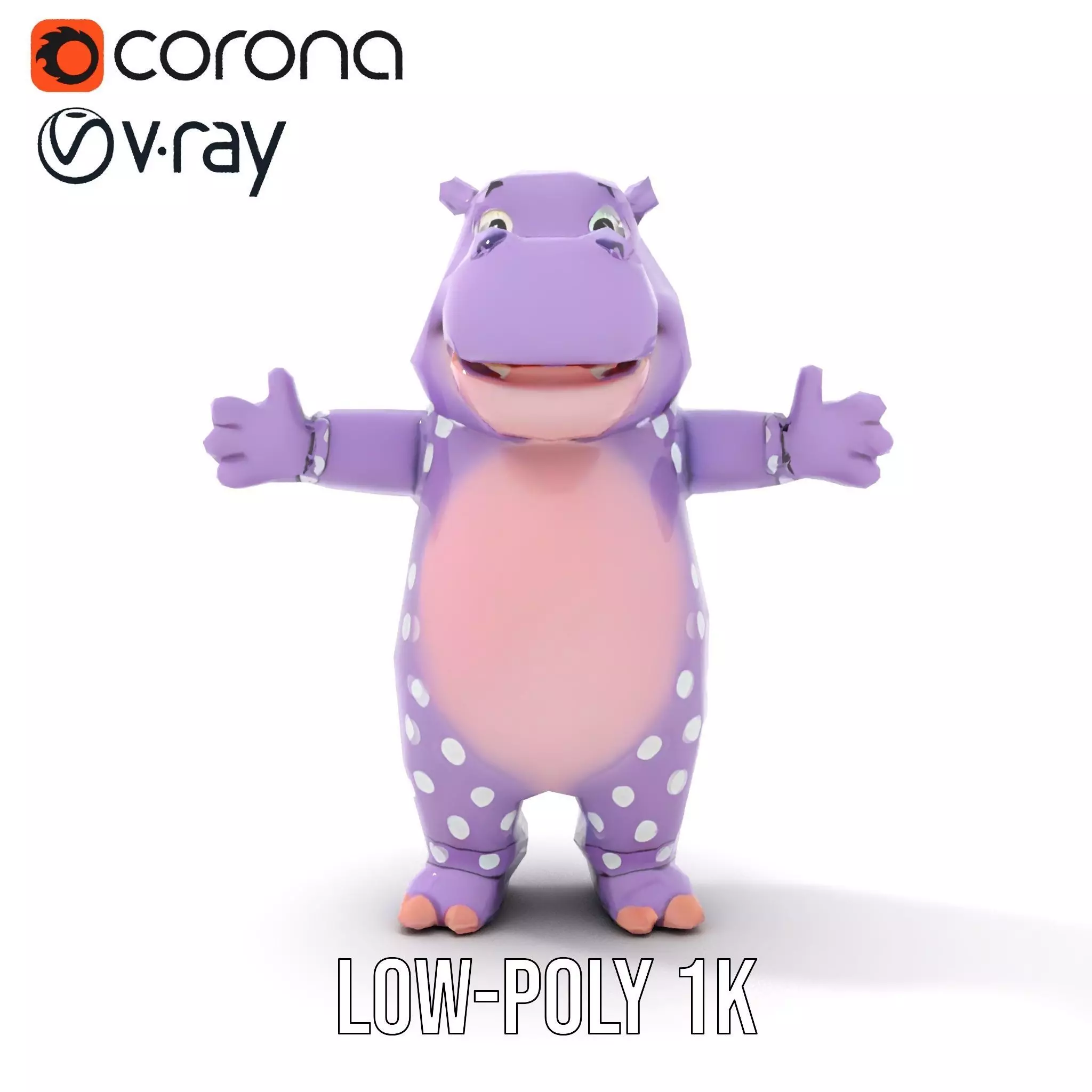 Purple PolkaDot Hippo Rigged and Animated Character Model Low-poly 3D model_9