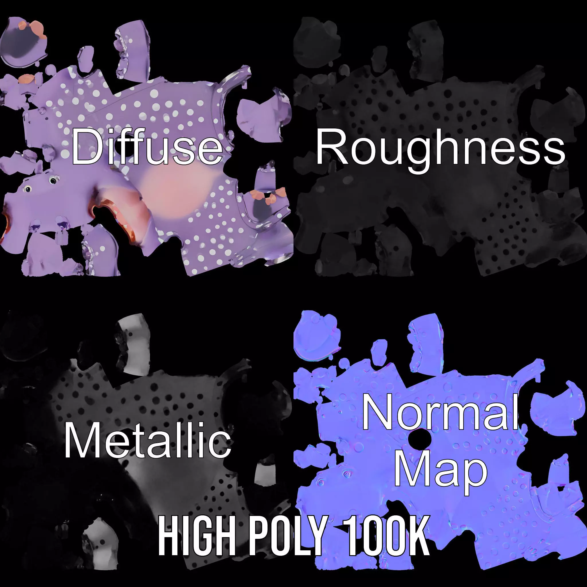 Purple PolkaDot Hippo Rigged and Animated Character Model Low-poly 3D model_4