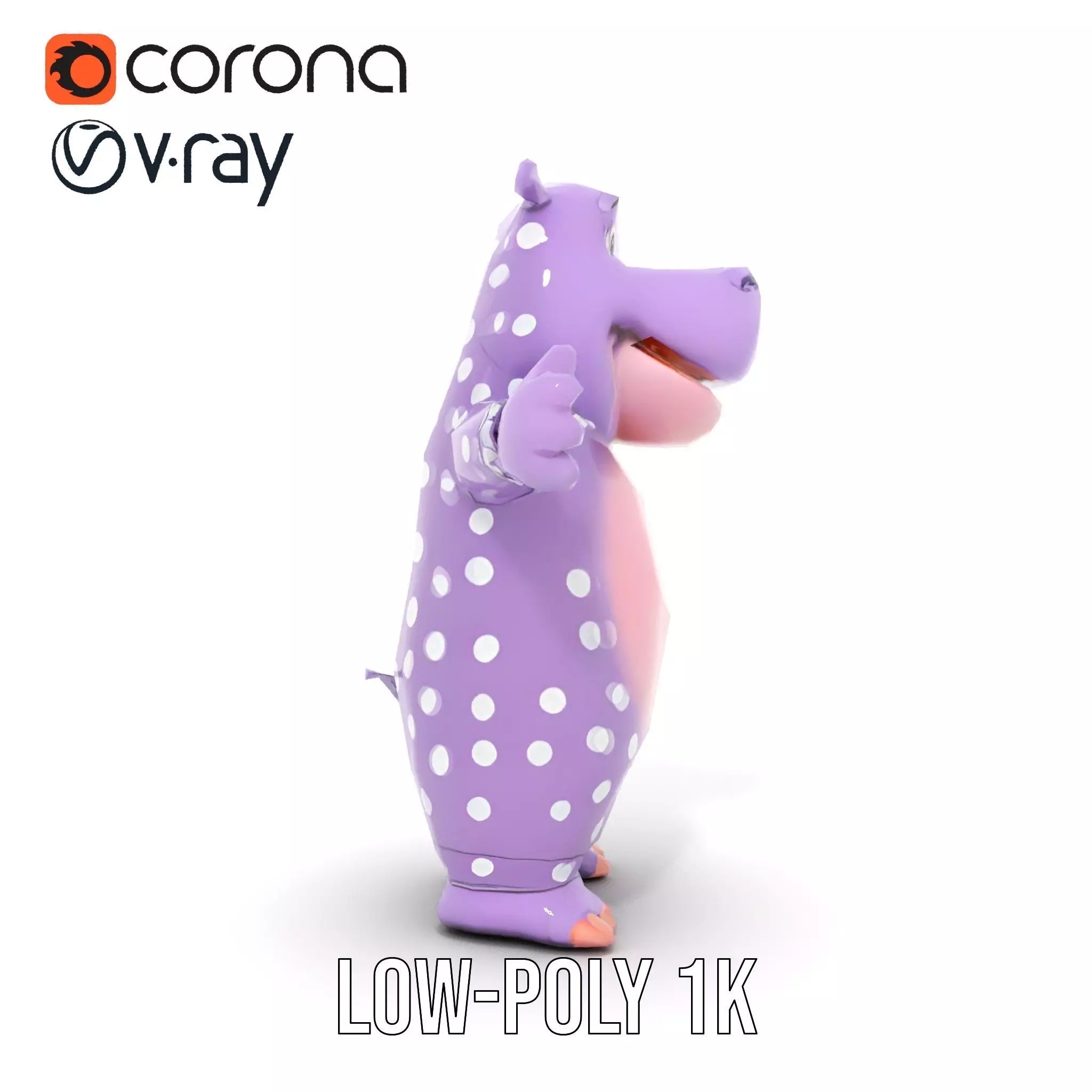 Purple PolkaDot Hippo Rigged and Animated Character Model Low-poly 3D model_23