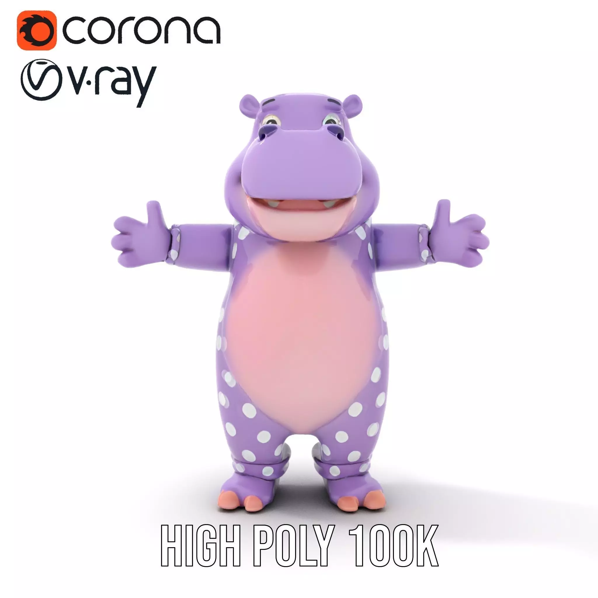 Purple PolkaDot Hippo Rigged and Animated Character Model Low-poly 3D model_27