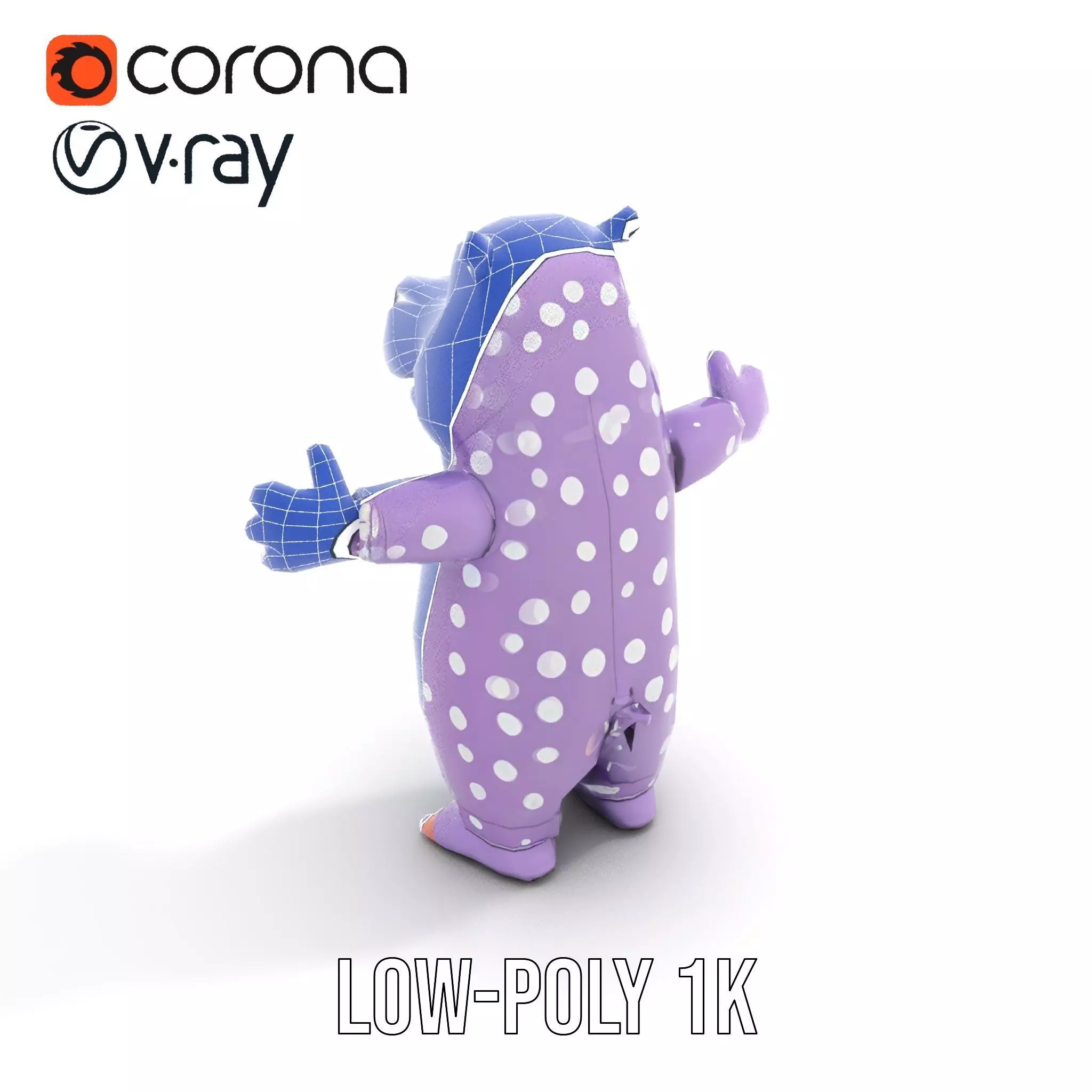 Purple PolkaDot Hippo Rigged and Animated Character Model Low-poly 3D model_20