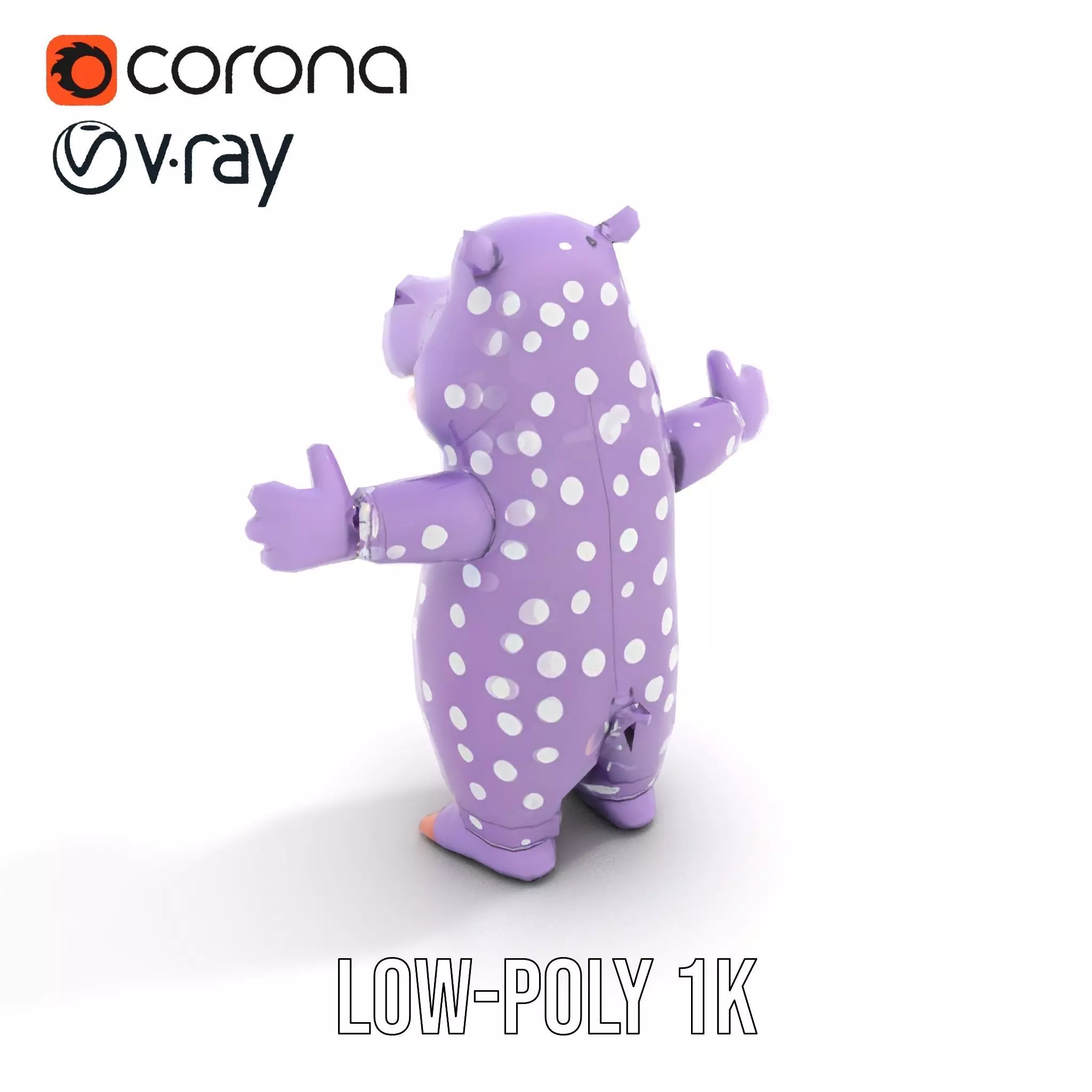 Purple PolkaDot Hippo Rigged and Animated Character Model Low-poly 3D model_32