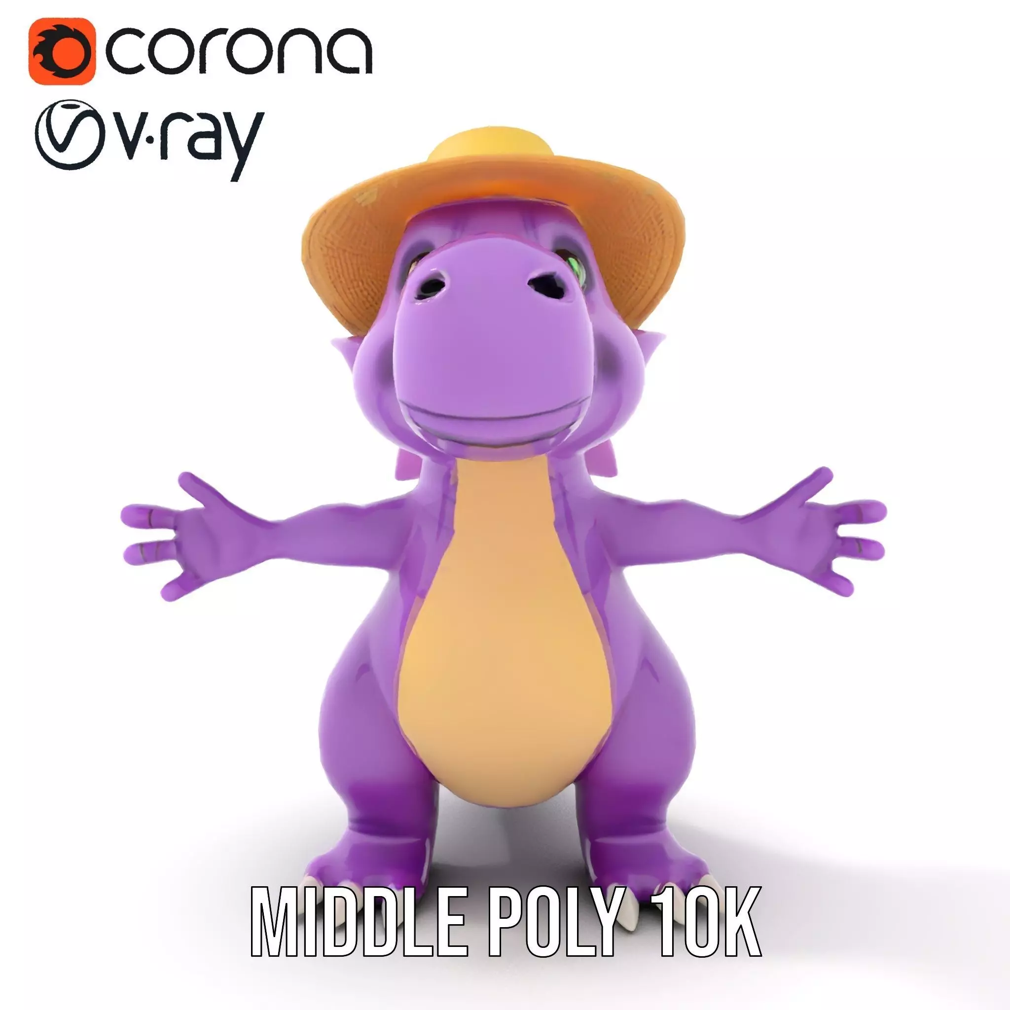 Purple Dinosaur with Straw Hat Rigged and Animated Model Low-poly 3D model_19
