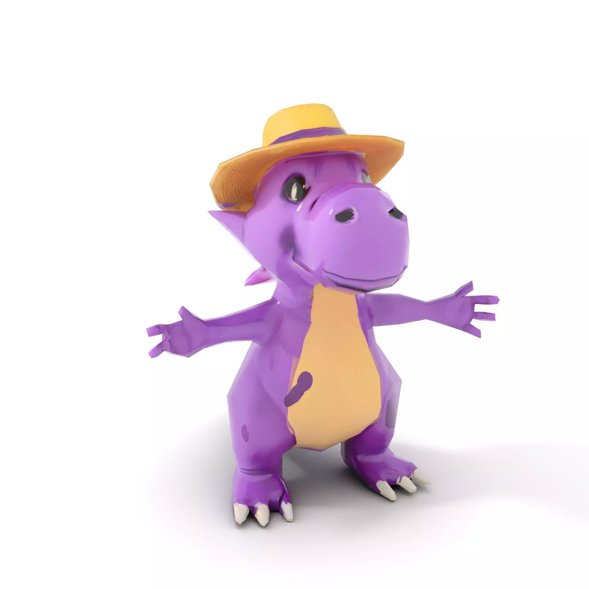 Purple Dinosaur with Straw Hat Rigged and Animated Model Low-poly 3D model_9