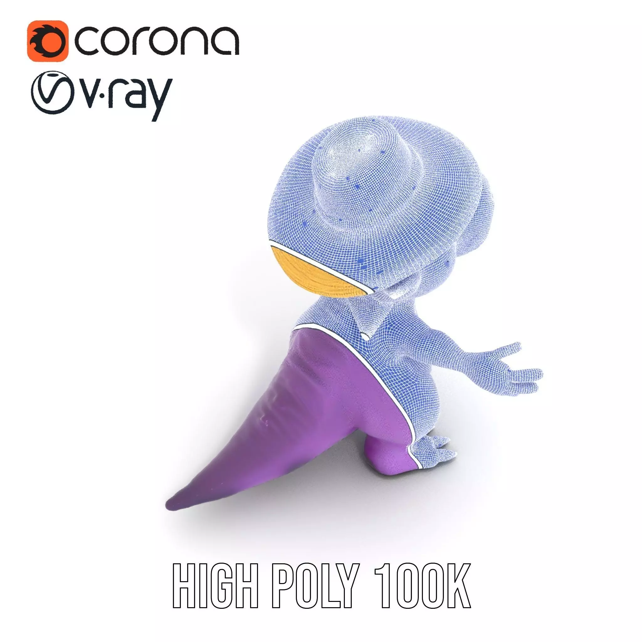 Purple Dinosaur with Straw Hat Rigged and Animated Model Low-poly 3D model_33