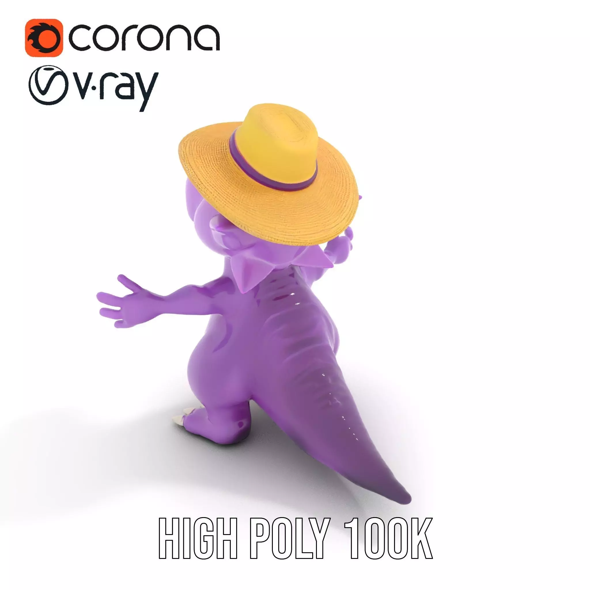 Purple Dinosaur with Straw Hat Rigged and Animated Model Low-poly 3D model_13