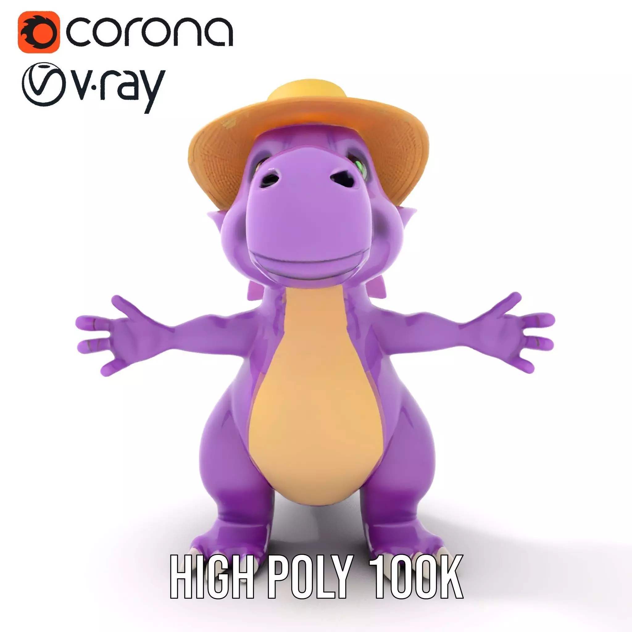 Purple Dinosaur with Straw Hat Rigged and Animated Model Low-poly 3D model_27
