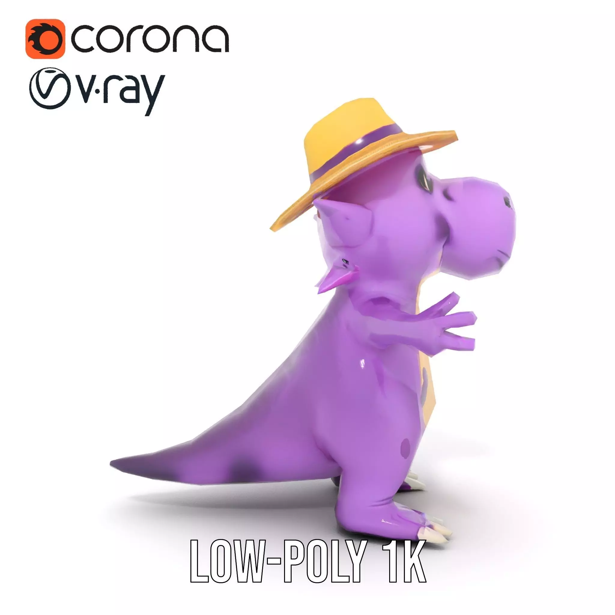 Purple Dinosaur with Straw Hat Rigged and Animated Model Low-poly 3D model_15