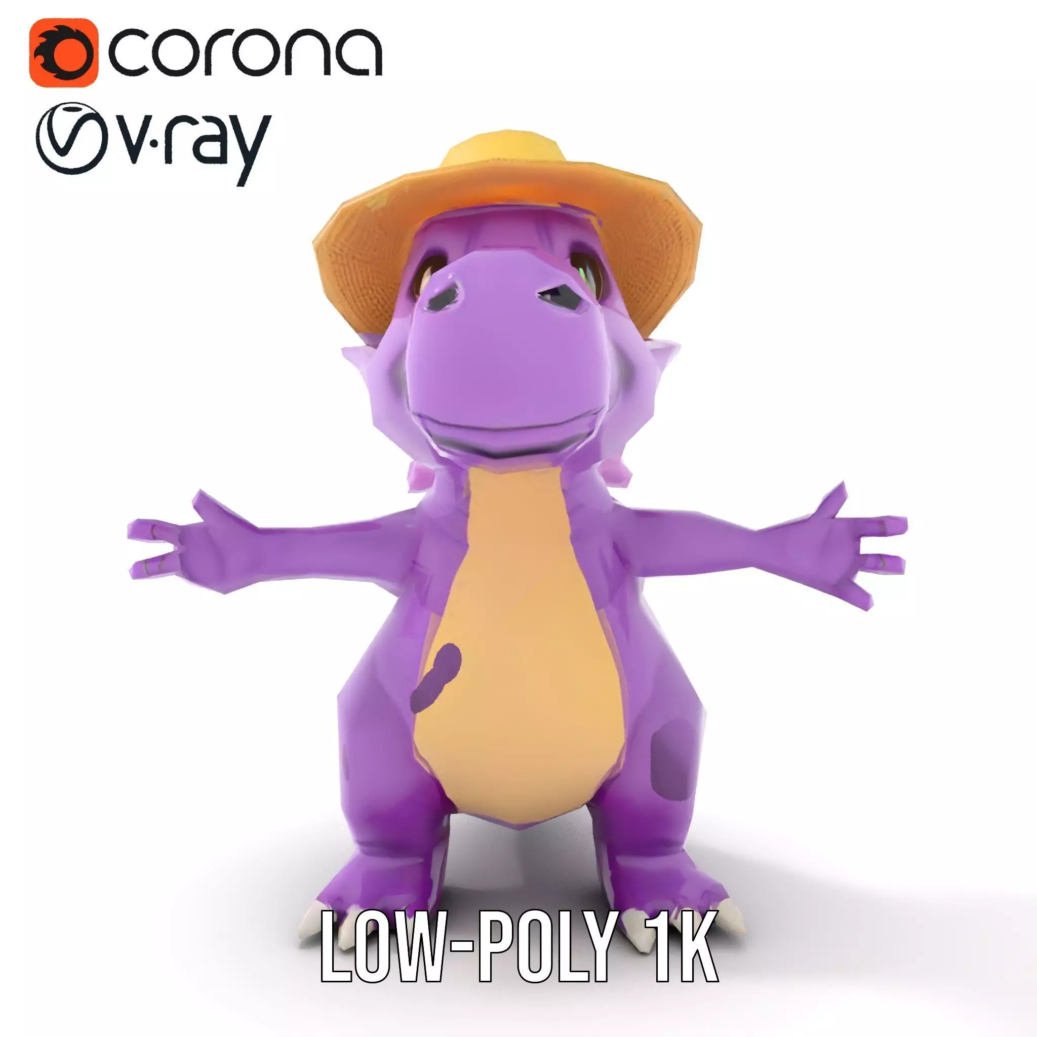Purple Dinosaur with Straw Hat Rigged and Animated Model Low-poly 3D model_26
