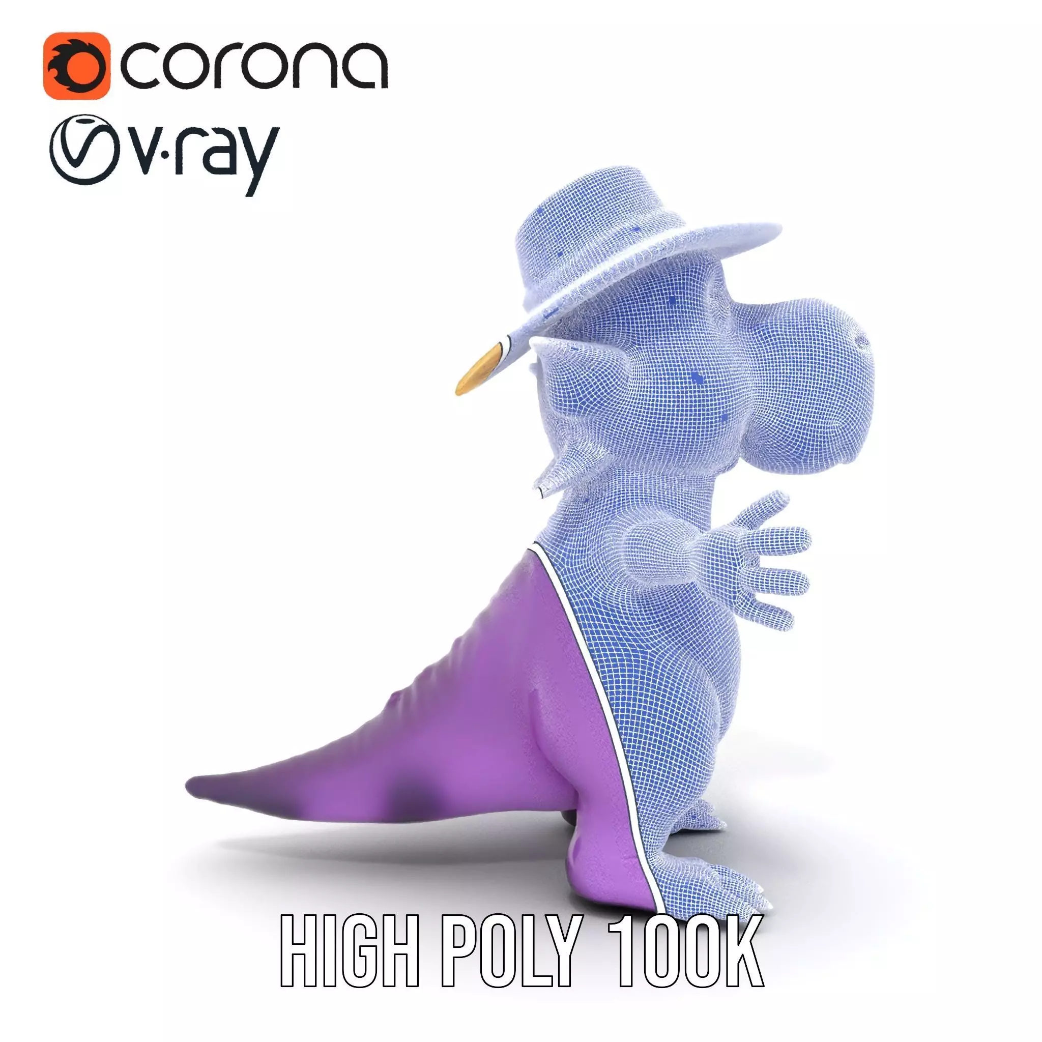 Purple Dinosaur with Straw Hat Rigged and Animated Model Low-poly 3D model_35