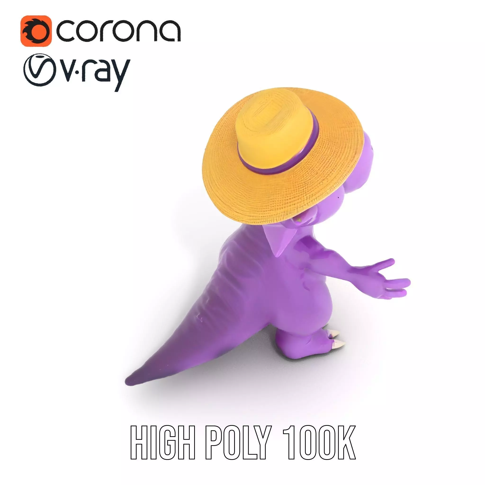 Purple Dinosaur with Straw Hat Rigged and Animated Model Low-poly 3D model_10