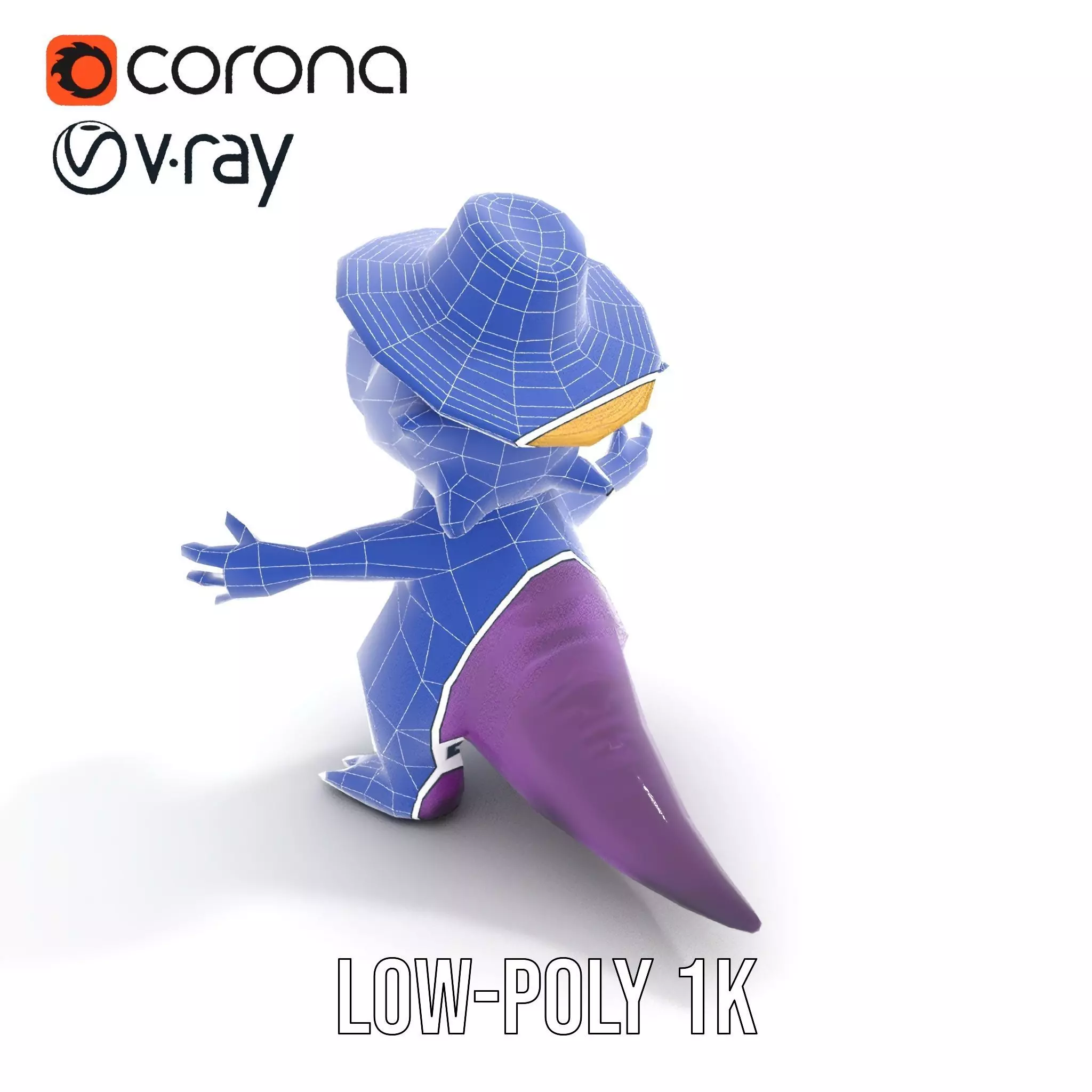 Purple Dinosaur with Straw Hat Rigged and Animated Model Low-poly 3D model_32