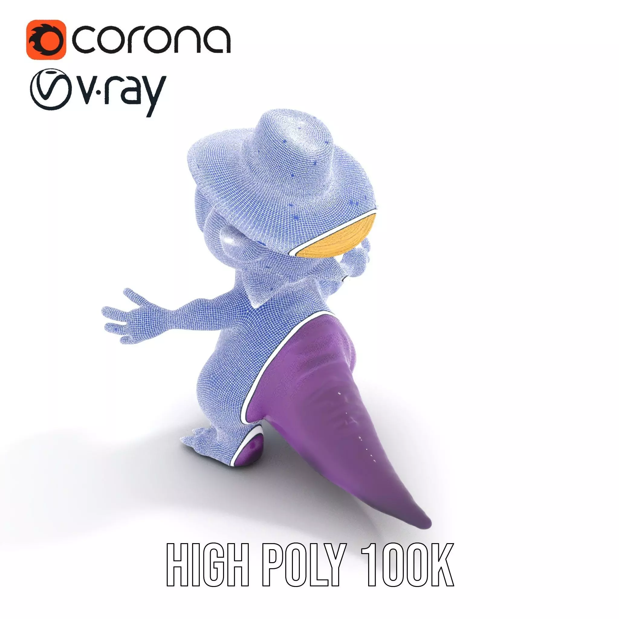 Purple Dinosaur with Straw Hat Rigged and Animated Model Low-poly 3D model_30