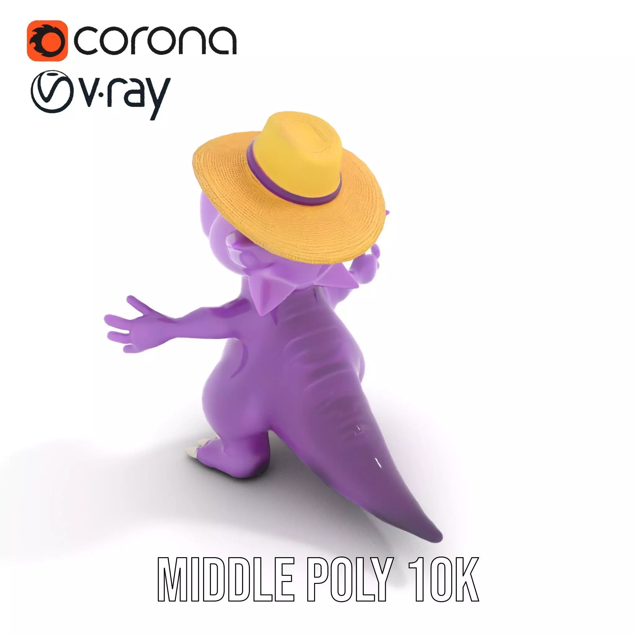 Purple Dinosaur with Straw Hat Rigged and Animated Model Low-poly 3D model_7