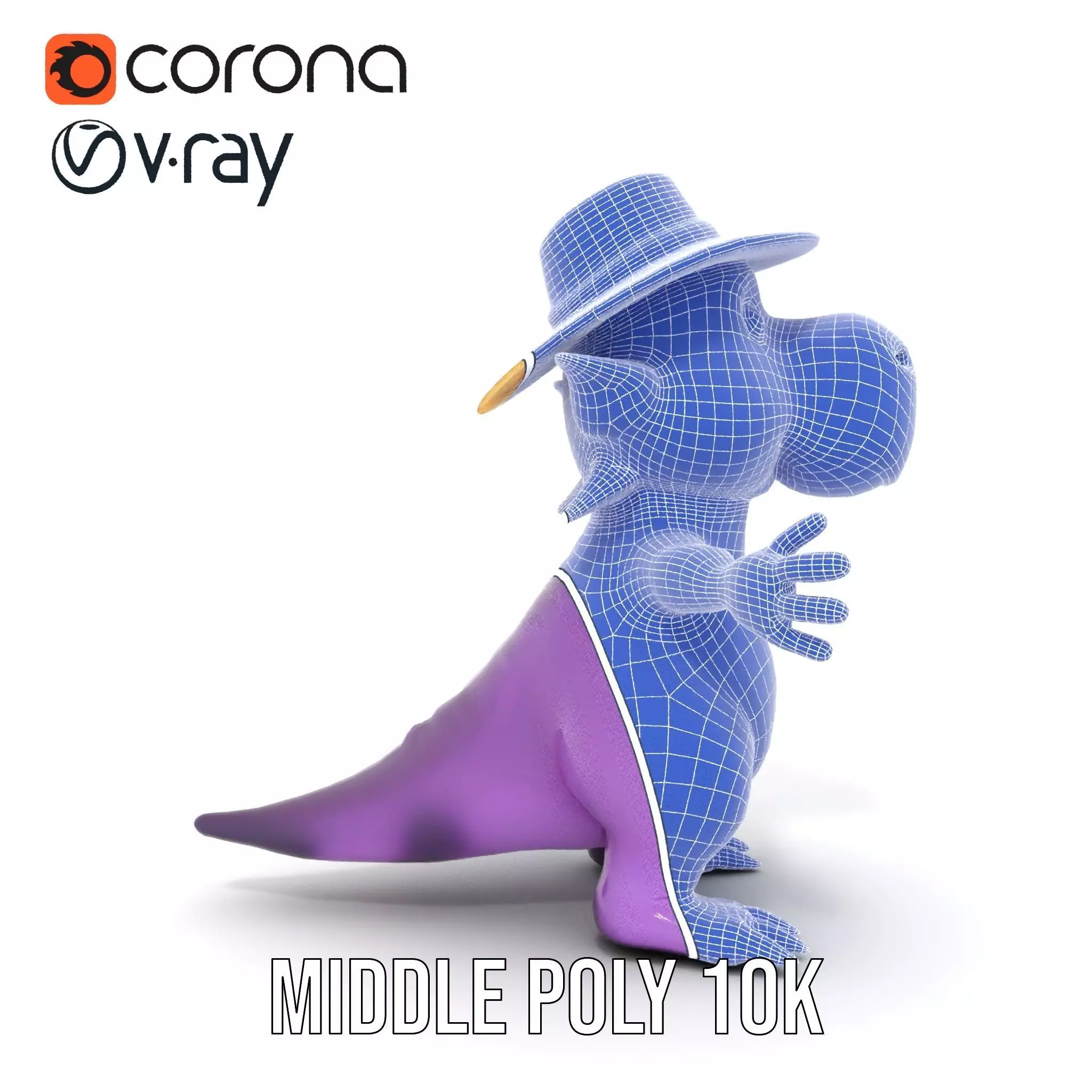 Purple Dinosaur with Straw Hat Rigged and Animated Model Low-poly 3D model_31
