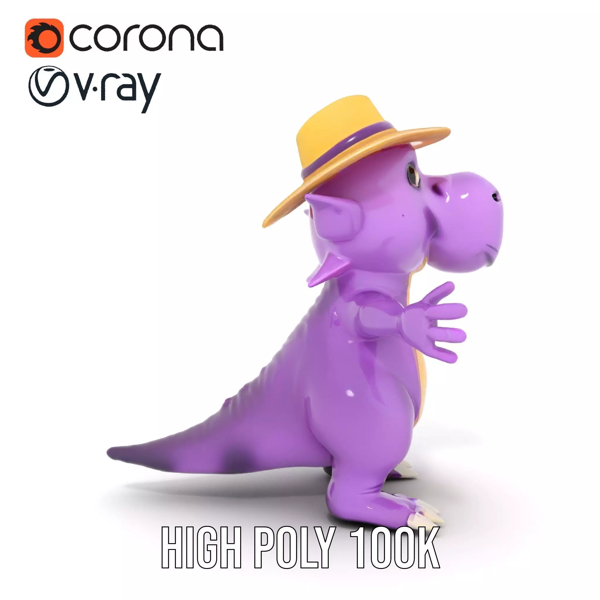 Purple Dinosaur with Straw Hat Rigged and Animated Model Low-poly 3D model_24