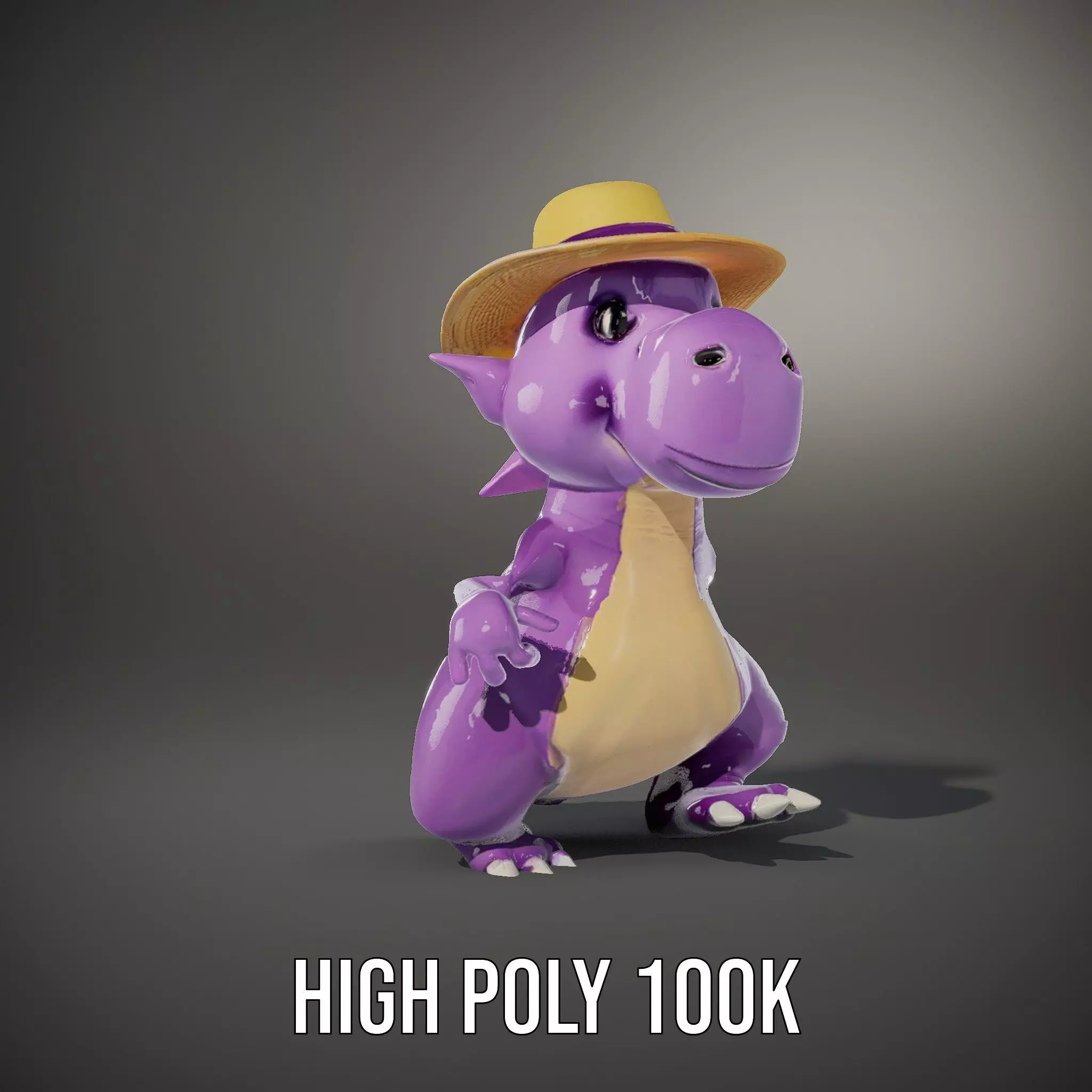 Purple Dinosaur with Straw Hat Rigged and Animated Model Low-poly 3D model_21