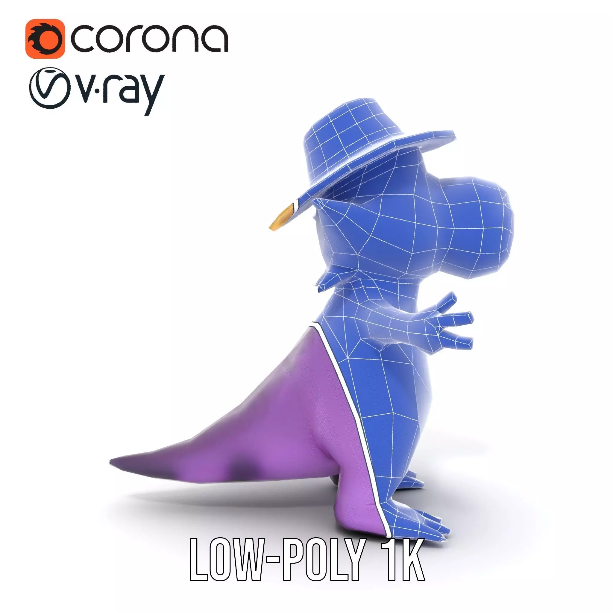 Purple Dinosaur with Straw Hat Rigged and Animated Model Low-poly 3D model_20