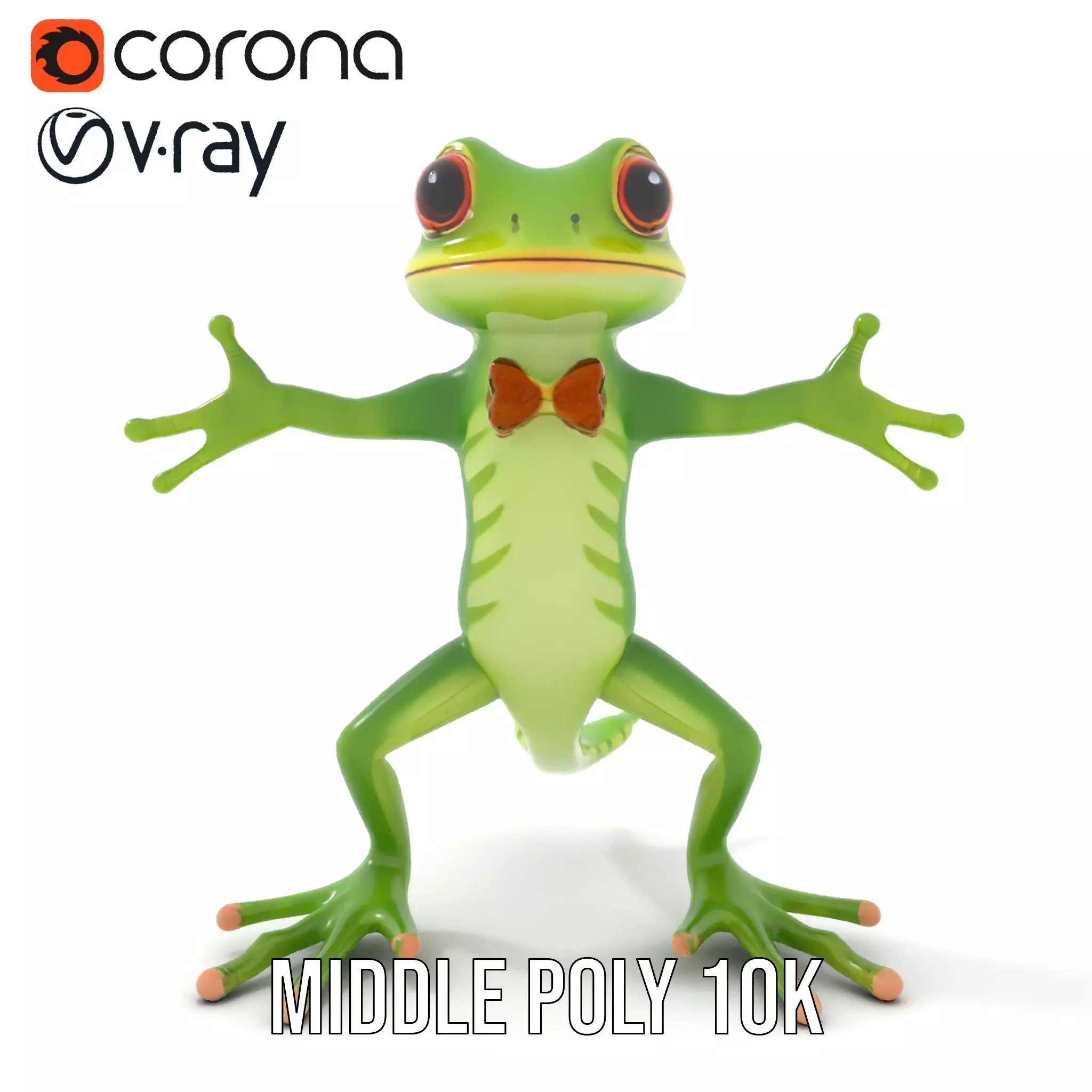 Charming Green Gecko Character Rigged and Animated with Bow Tie Low-poly 3D model_16