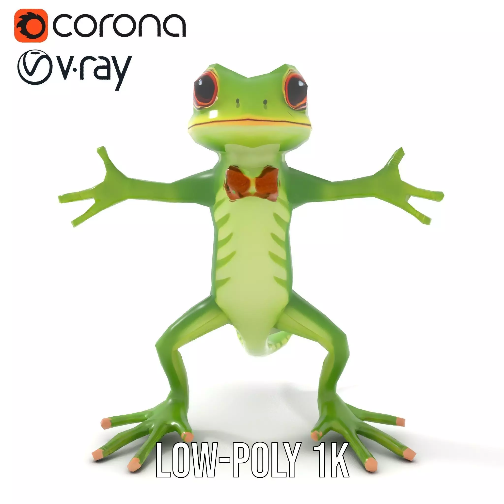Charming Green Gecko Character Rigged and Animated with Bow Tie Low-poly 3D model_26