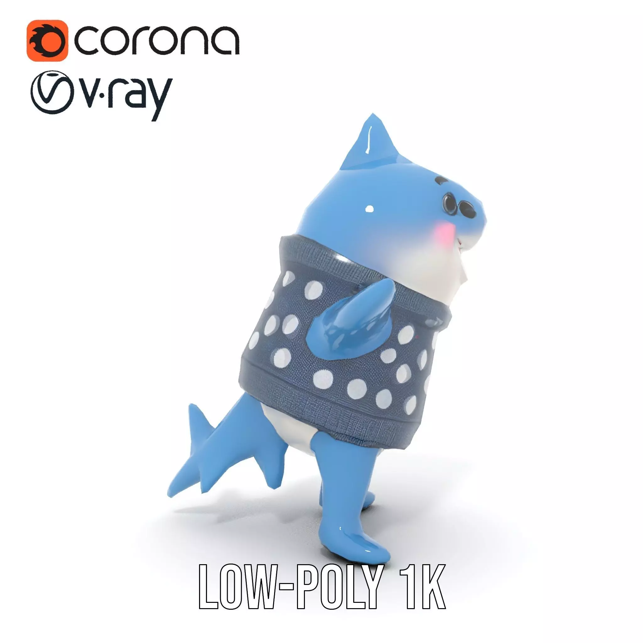 Cute Polka Dot Sweater Shark  Rigged and Animated Model Low-poly 3D model_11