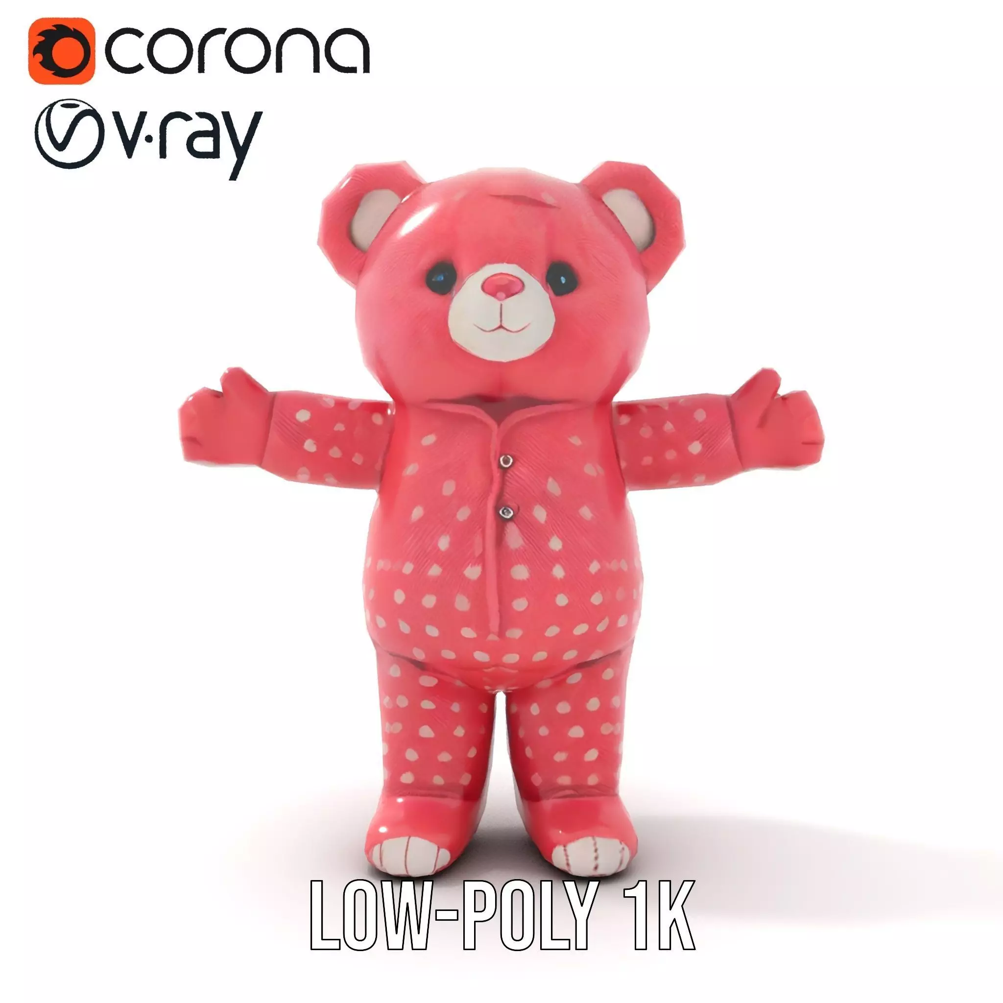 Pink Polka Dot Pajama Teddy Bear Rigged and Animated Low-poly 3D model_19