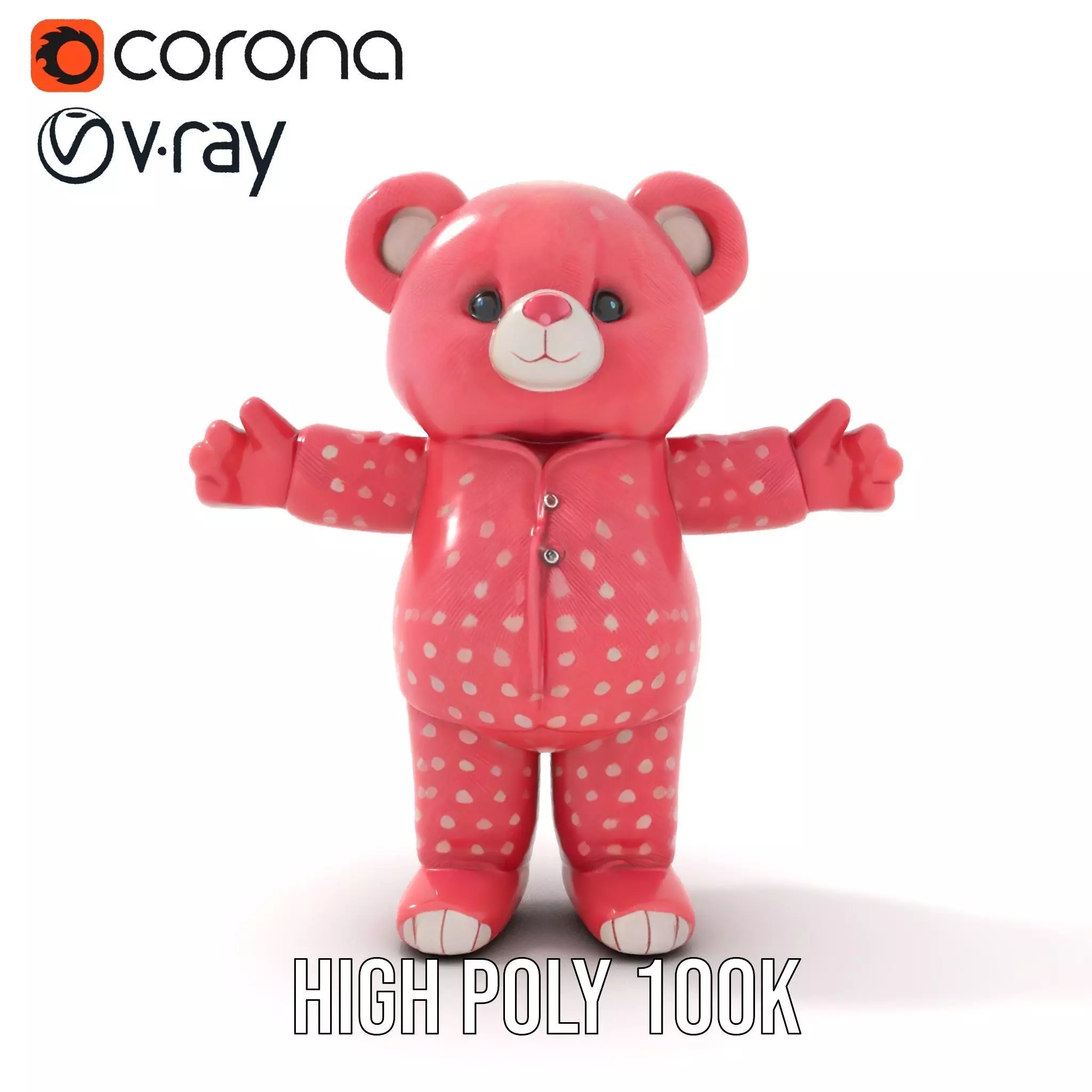 Pink Polka Dot Pajama Teddy Bear Rigged and Animated Low-poly 3D model_14