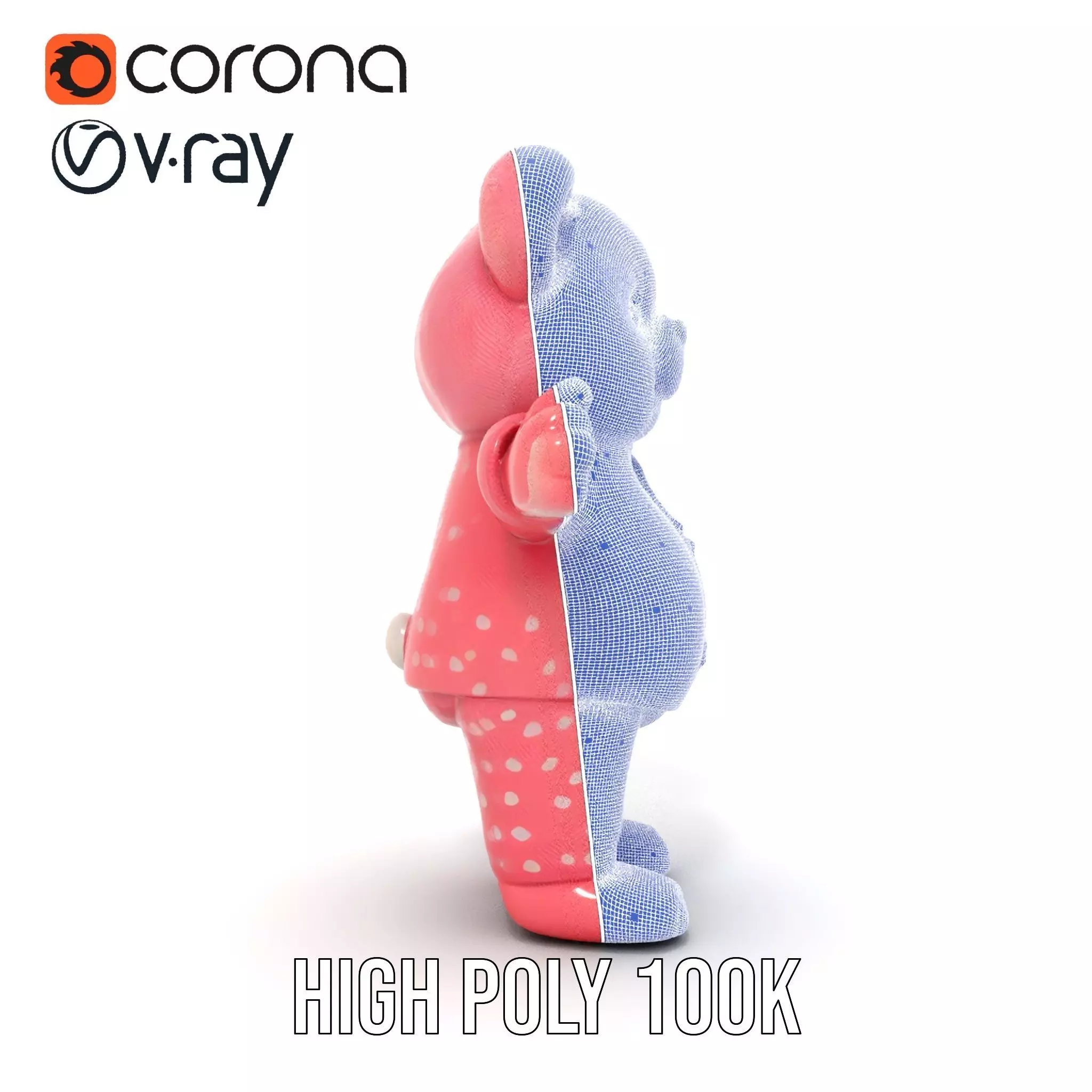 Pink Polka Dot Pajama Teddy Bear Rigged and Animated Low-poly 3D model_34