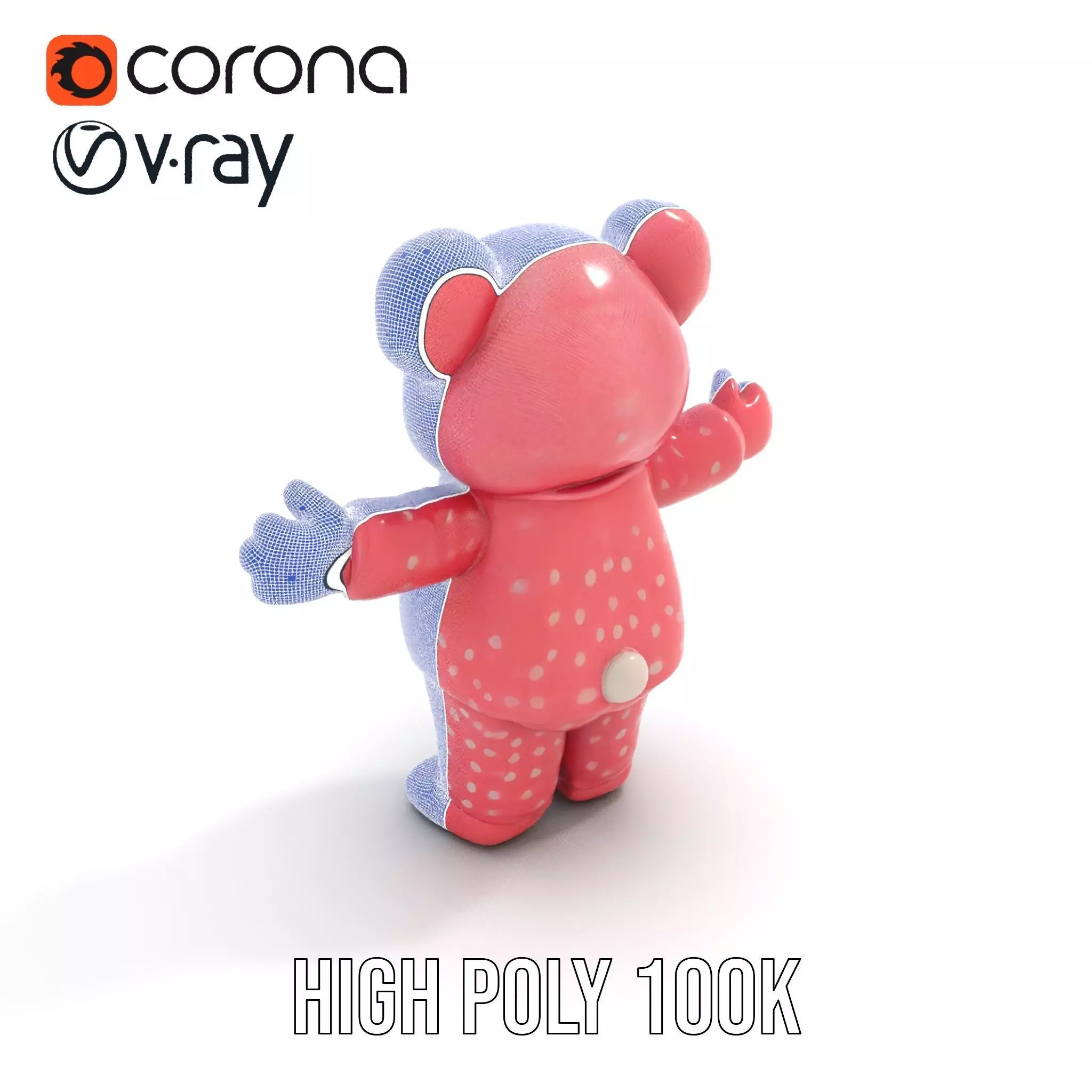 Pink Polka Dot Pajama Teddy Bear Rigged and Animated Low-poly 3D model_33