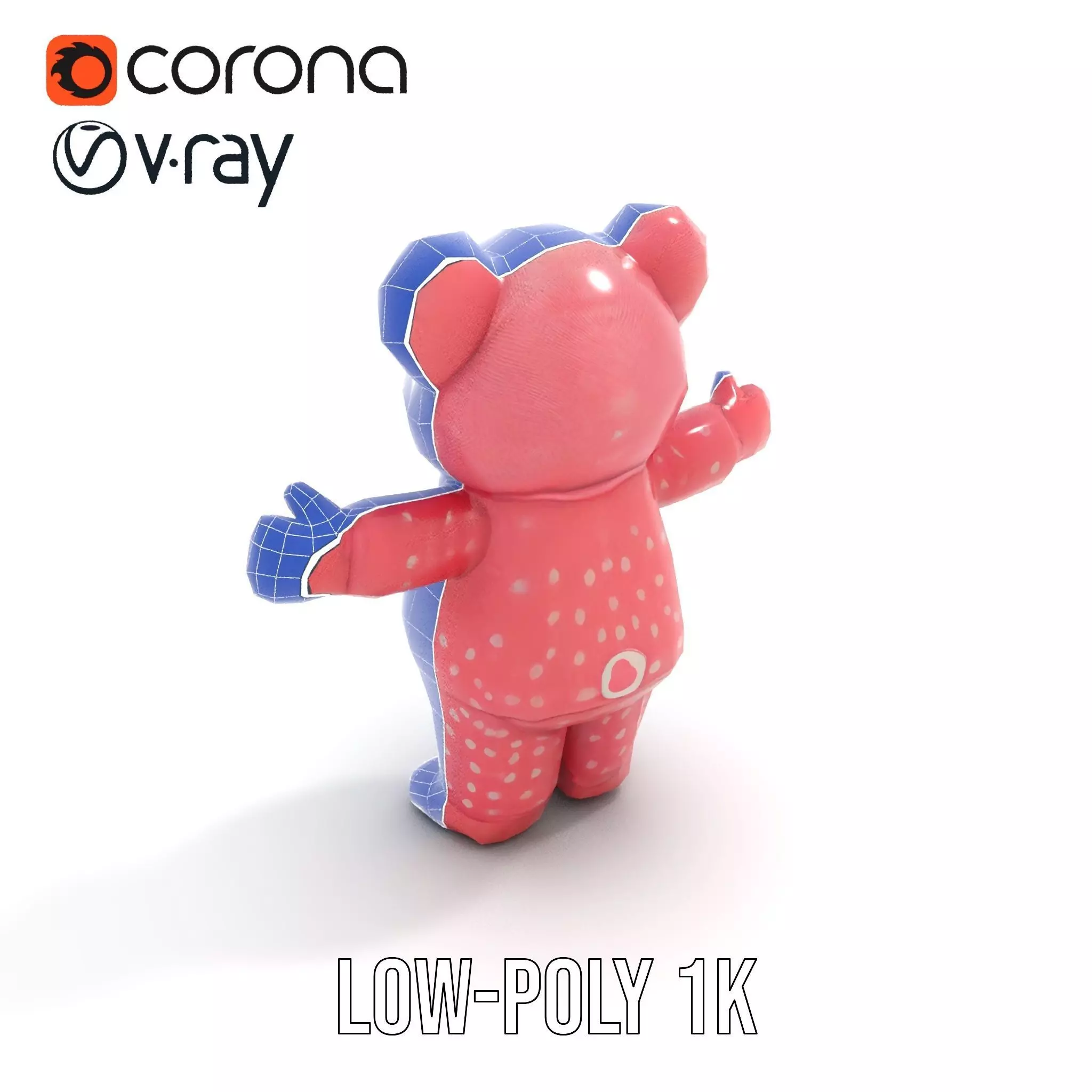 Pink Polka Dot Pajama Teddy Bear Rigged and Animated Low-poly 3D model_28