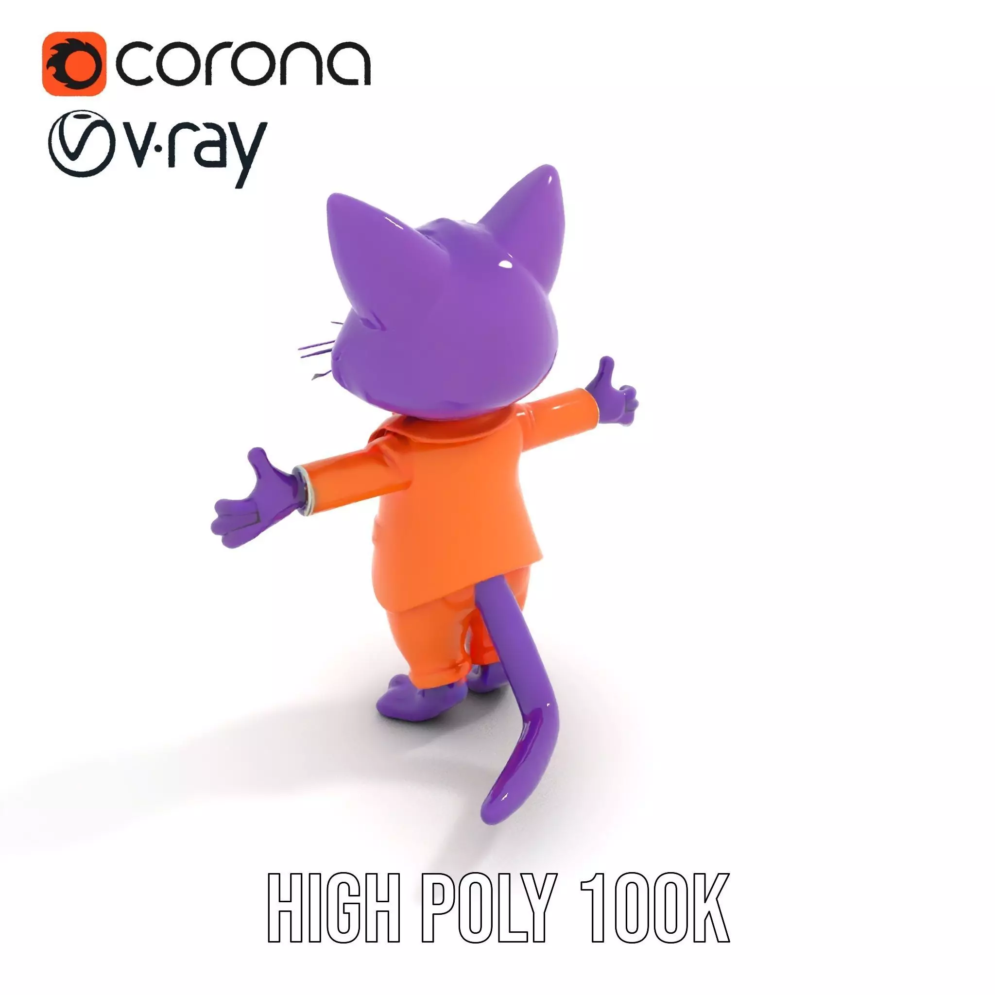 Purple Cartoon Cat in Orange Suit  Fully Rigged and Animated Low-poly 3D model_11