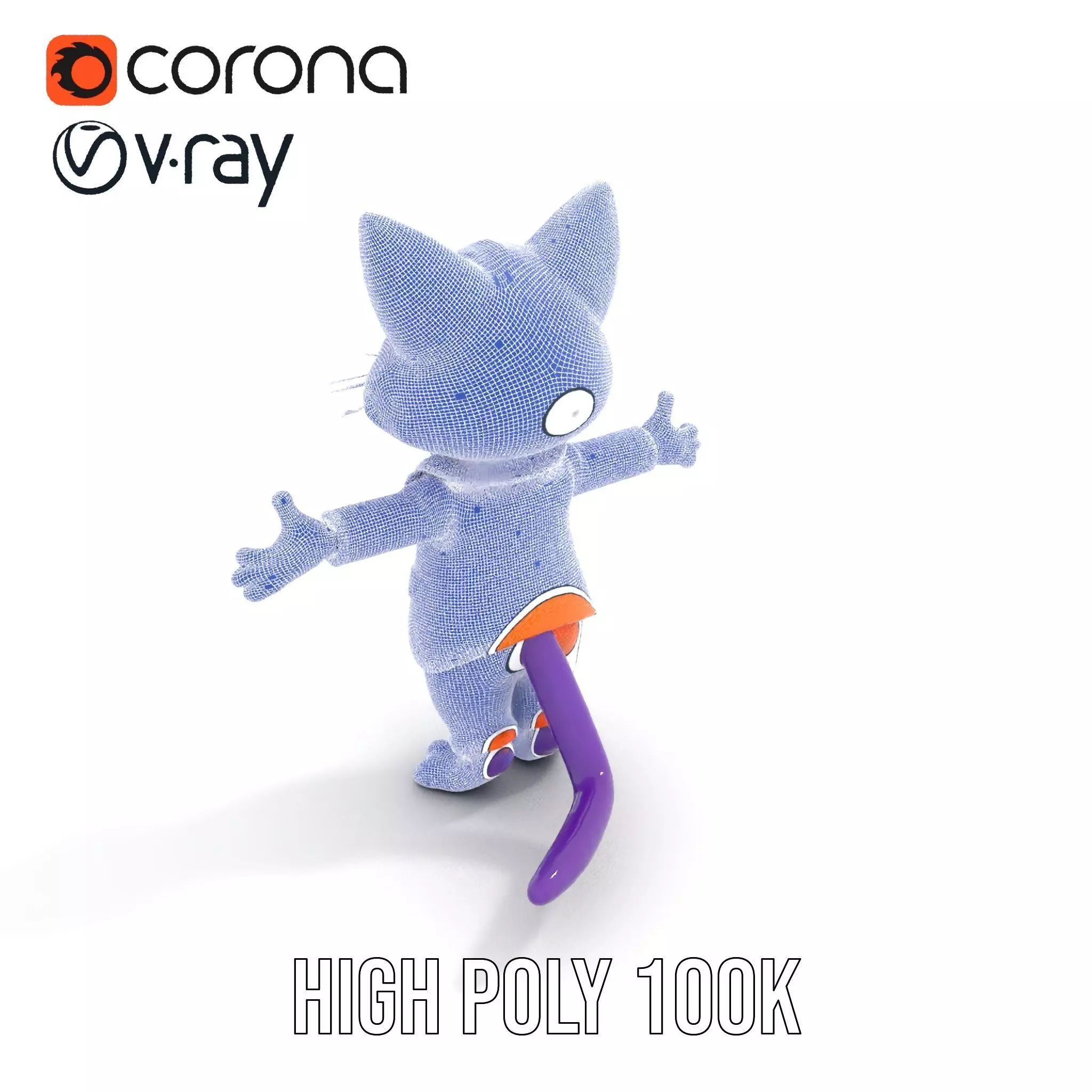 Purple Cartoon Cat in Orange Suit  Fully Rigged and Animated Low-poly 3D model_33