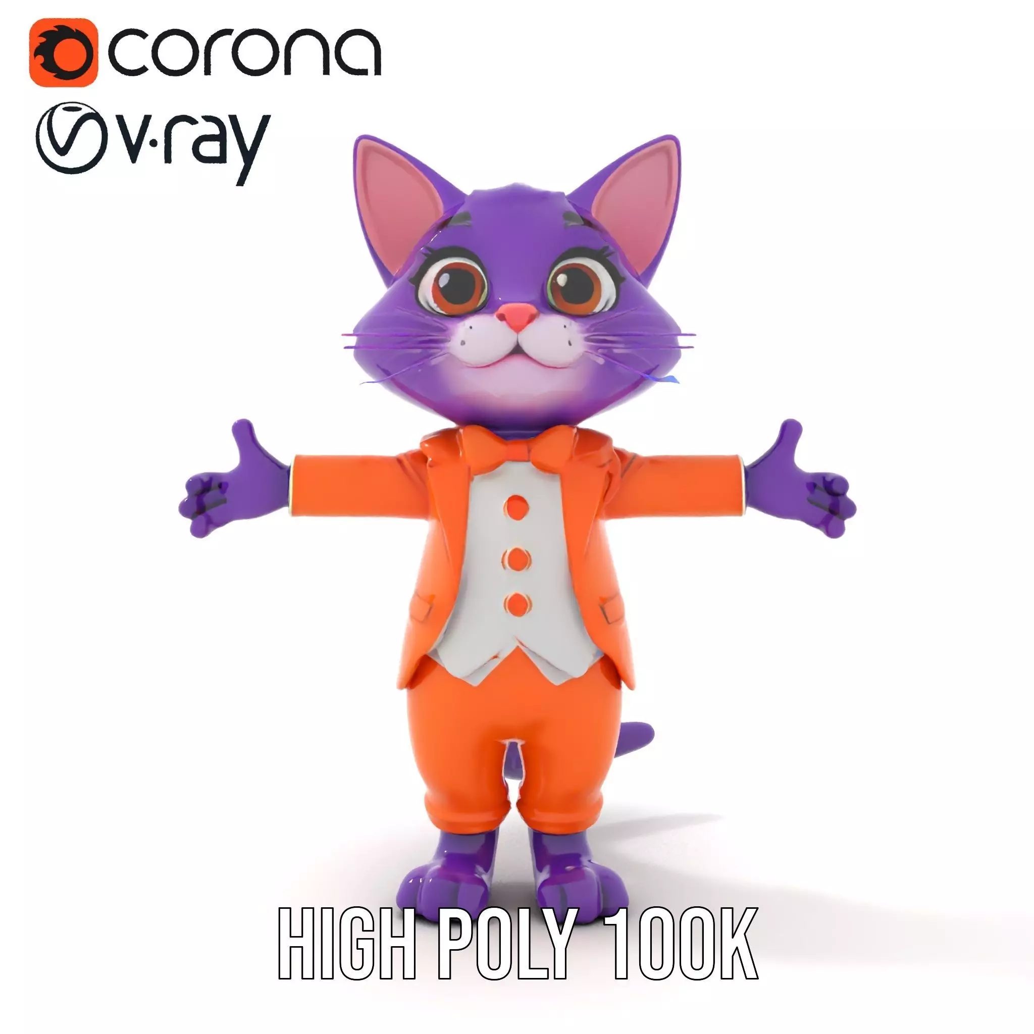 Purple Cartoon Cat in Orange Suit  Fully Rigged and Animated Low-poly 3D model_17
