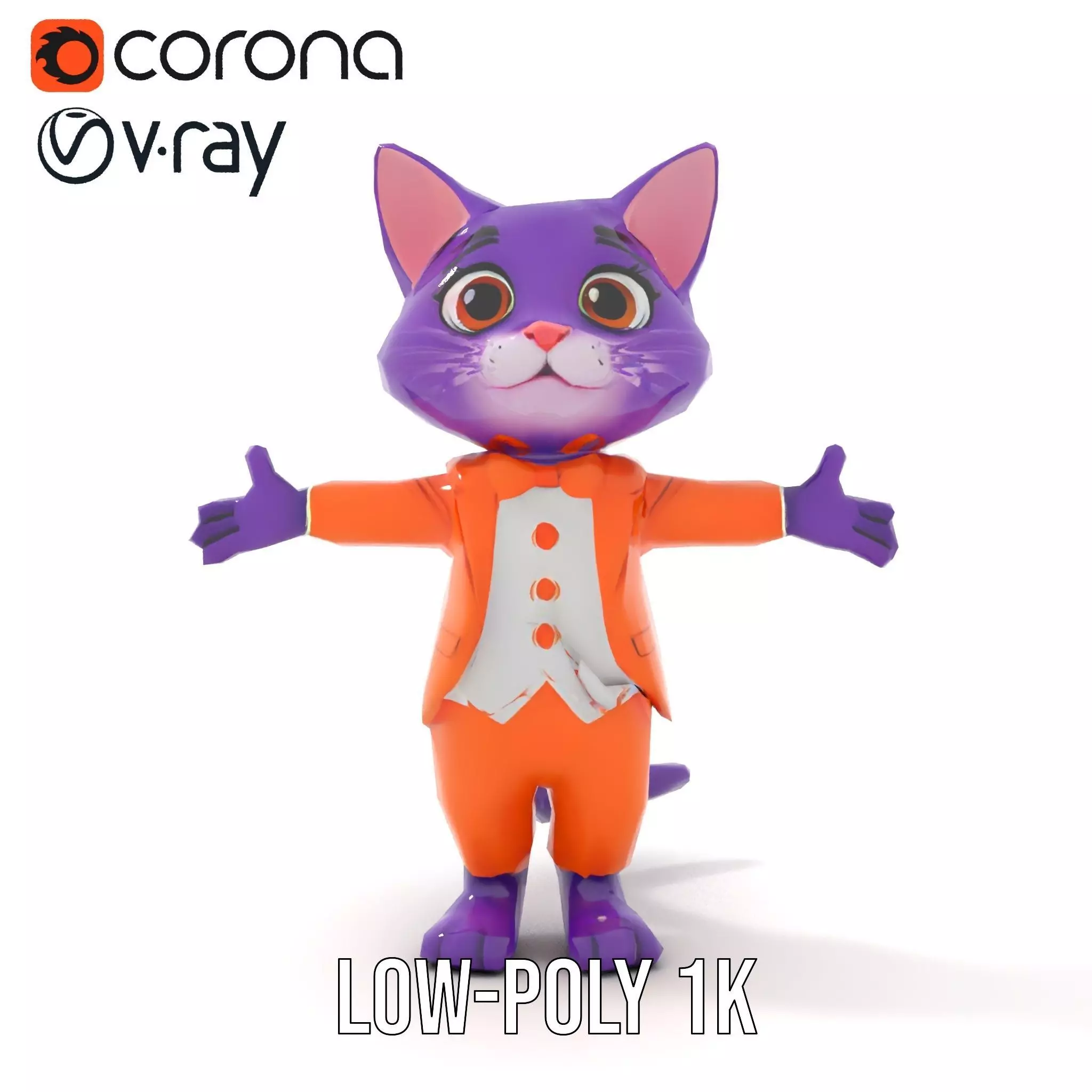 Purple Cartoon Cat in Orange Suit  Fully Rigged and Animated Low-poly 3D model_7