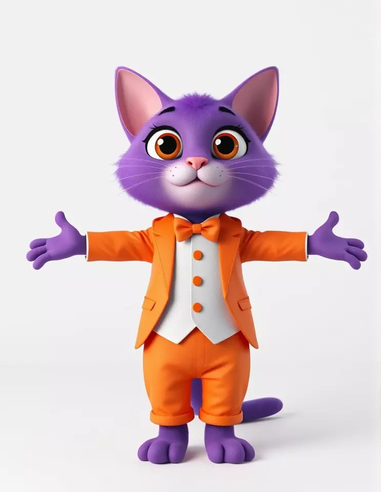 Purple Cartoon Cat in Orange Suit  Fully Rigged and Animated Low-poly 3D model_2