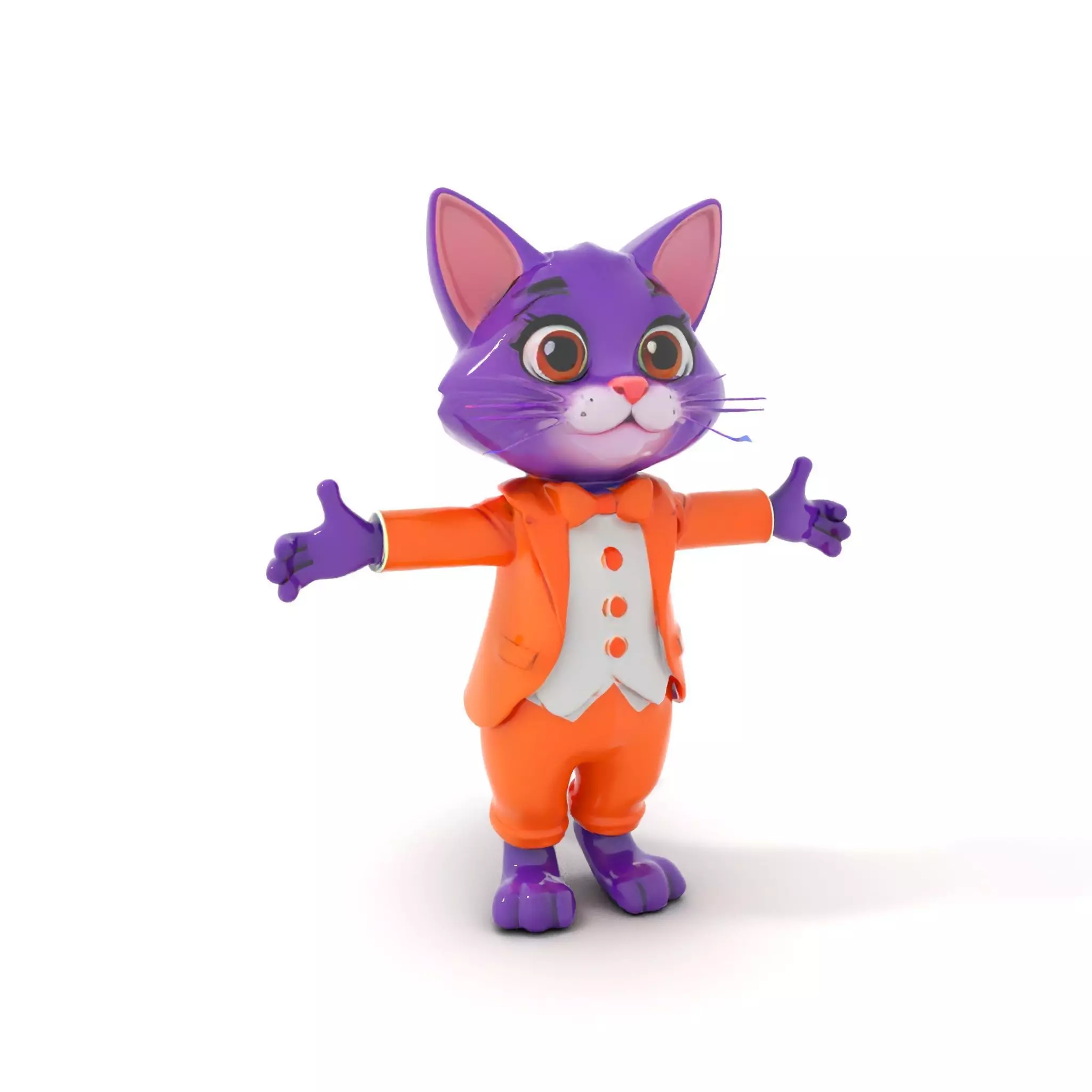 Purple Cartoon Cat in Orange Suit  Fully Rigged and Animated Low-poly 3D model_0