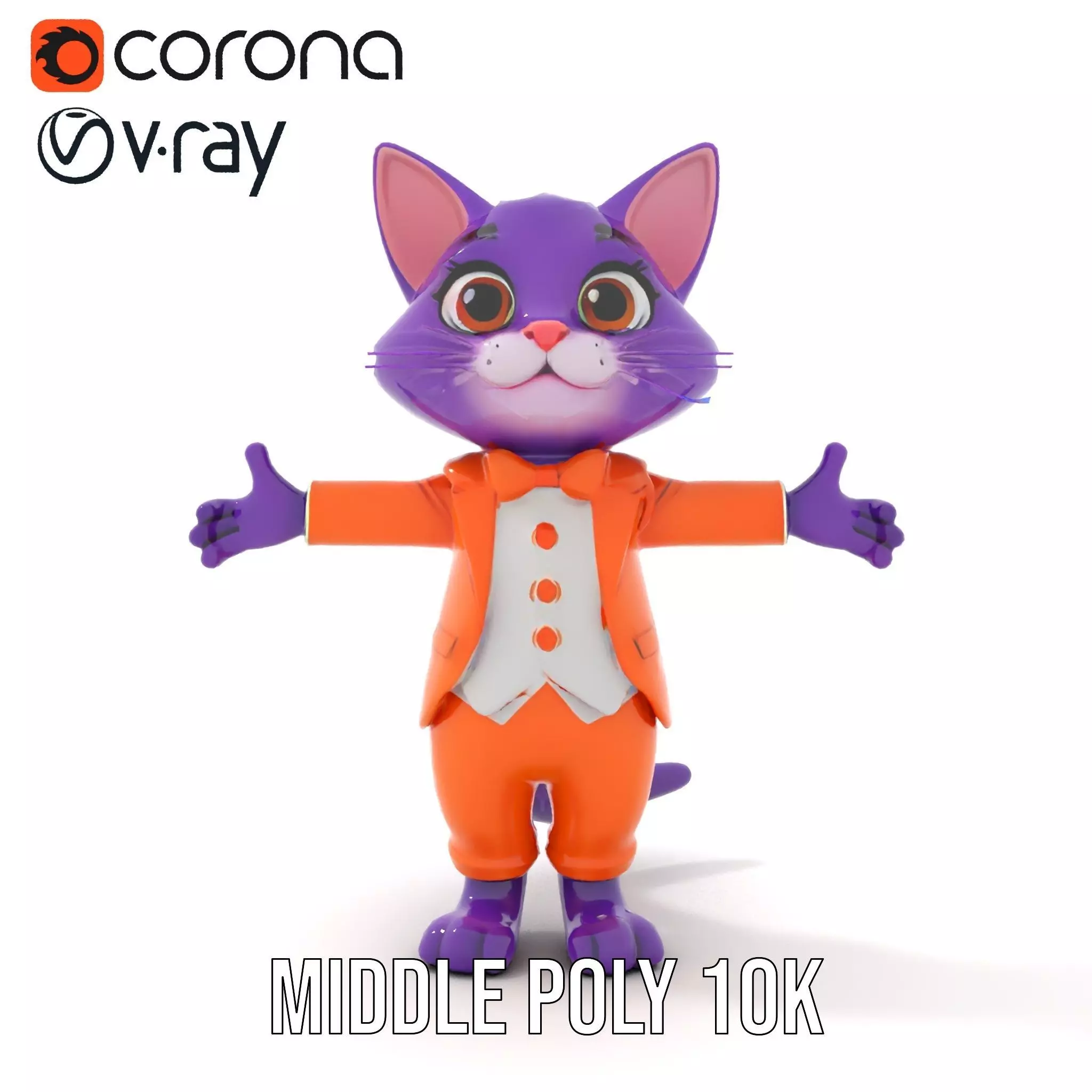 Purple Cartoon Cat in Orange Suit  Fully Rigged and Animated Low-poly 3D model_9