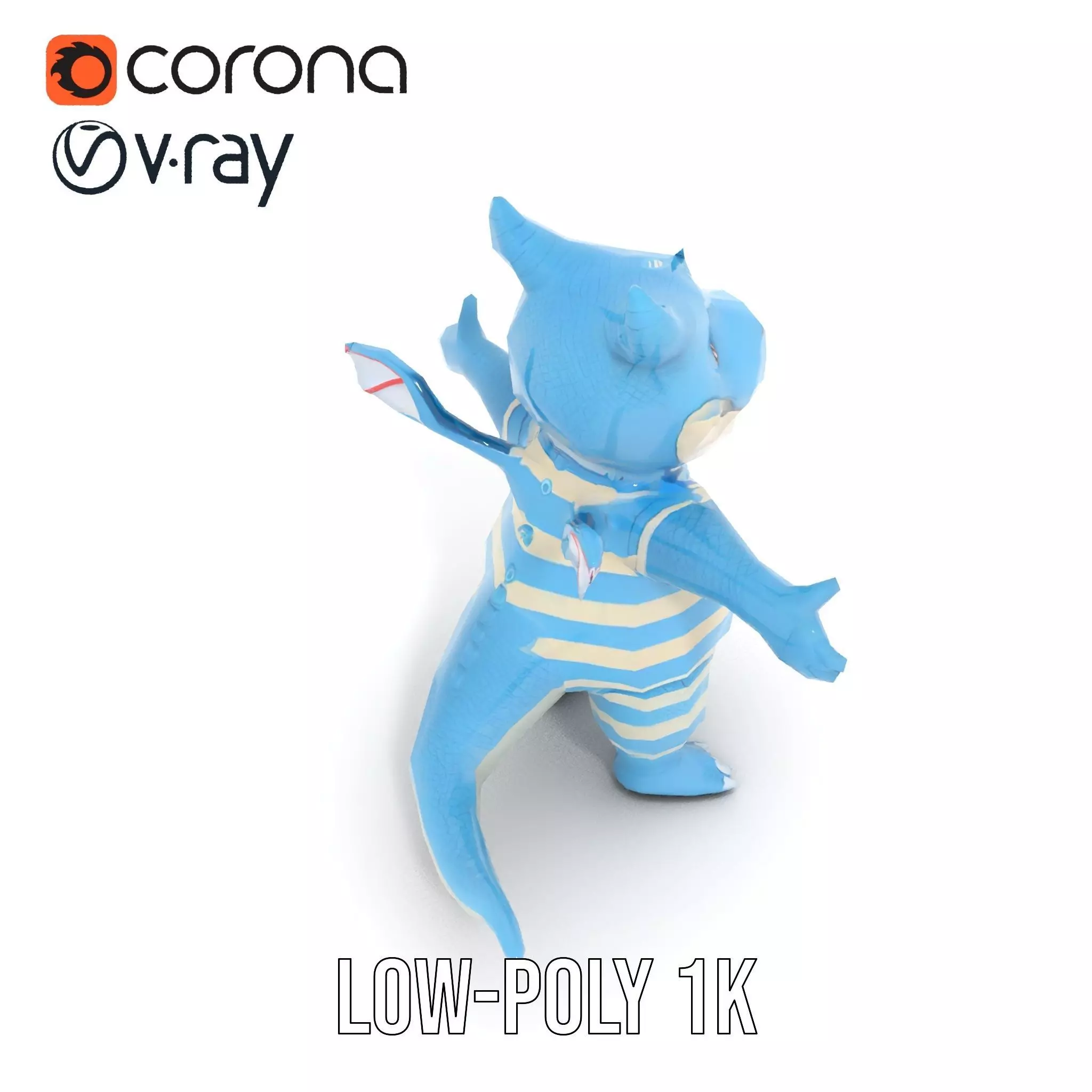 Blue Baby Dragon Rigged and Animated in Striped Suit Low-poly 3D model_11