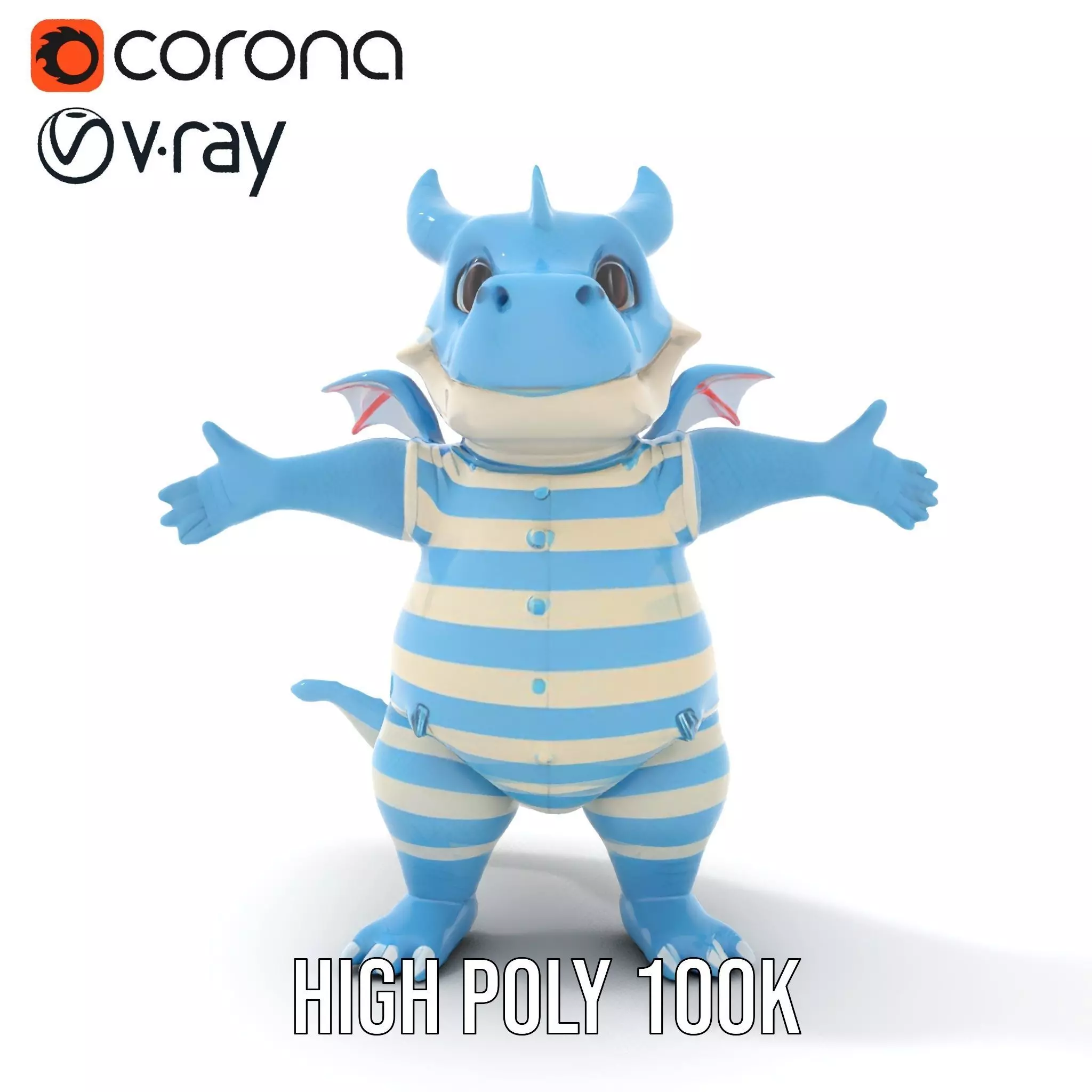 Blue Baby Dragon Rigged and Animated in Striped Suit Low-poly 3D model_26