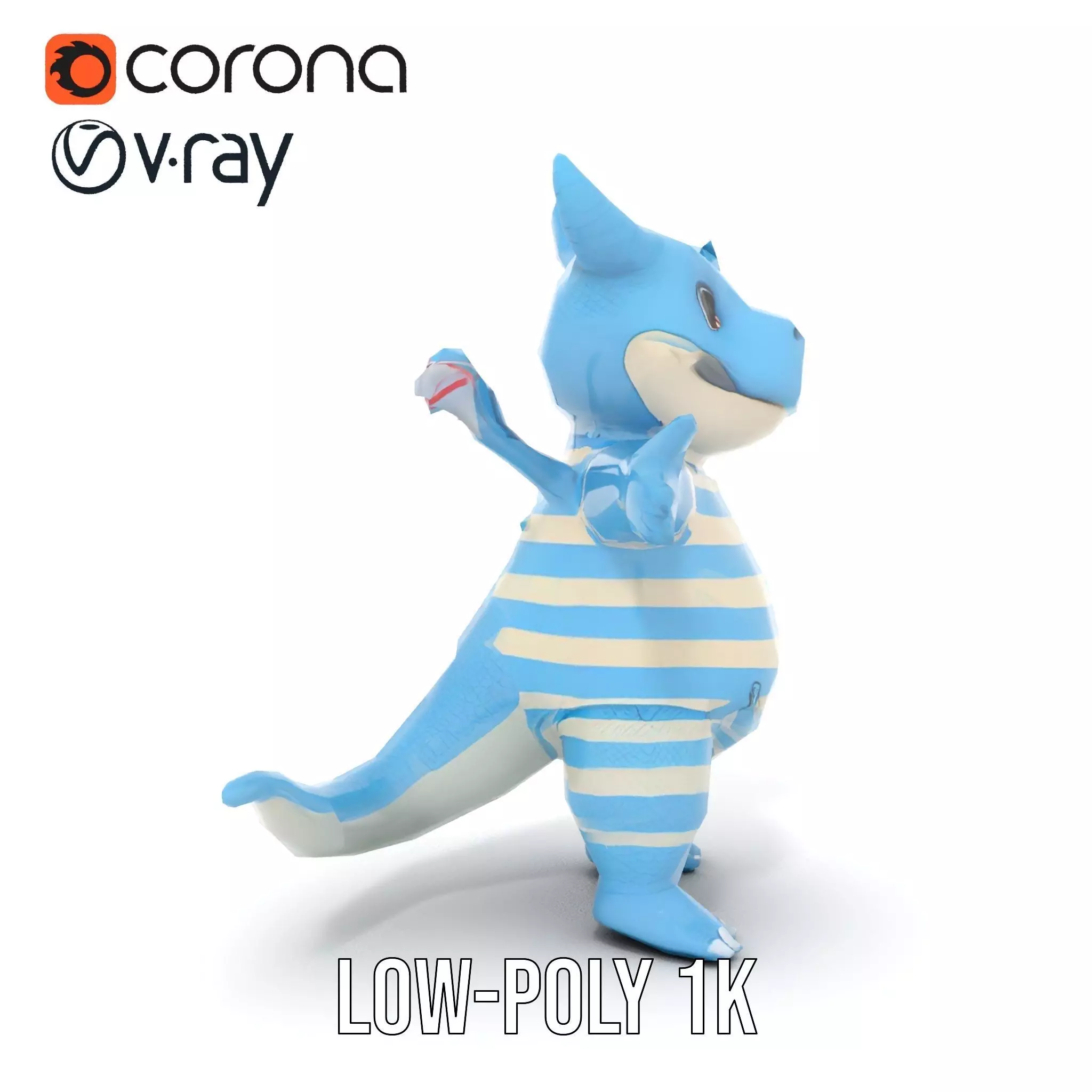 Blue Baby Dragon Rigged and Animated in Striped Suit Low-poly 3D model_8