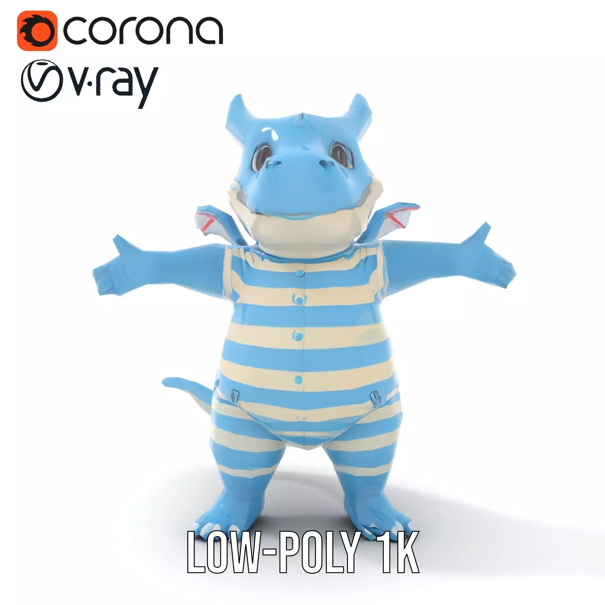 Blue Baby Dragon Rigged and Animated in Striped Suit Low-poly 3D model_9