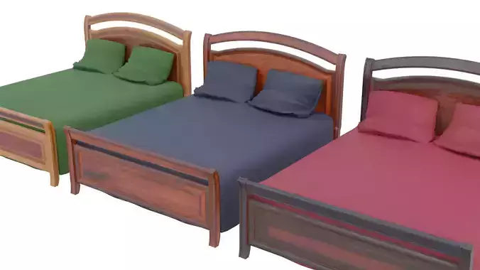 Wooden Double Bed Low-poly 3D model