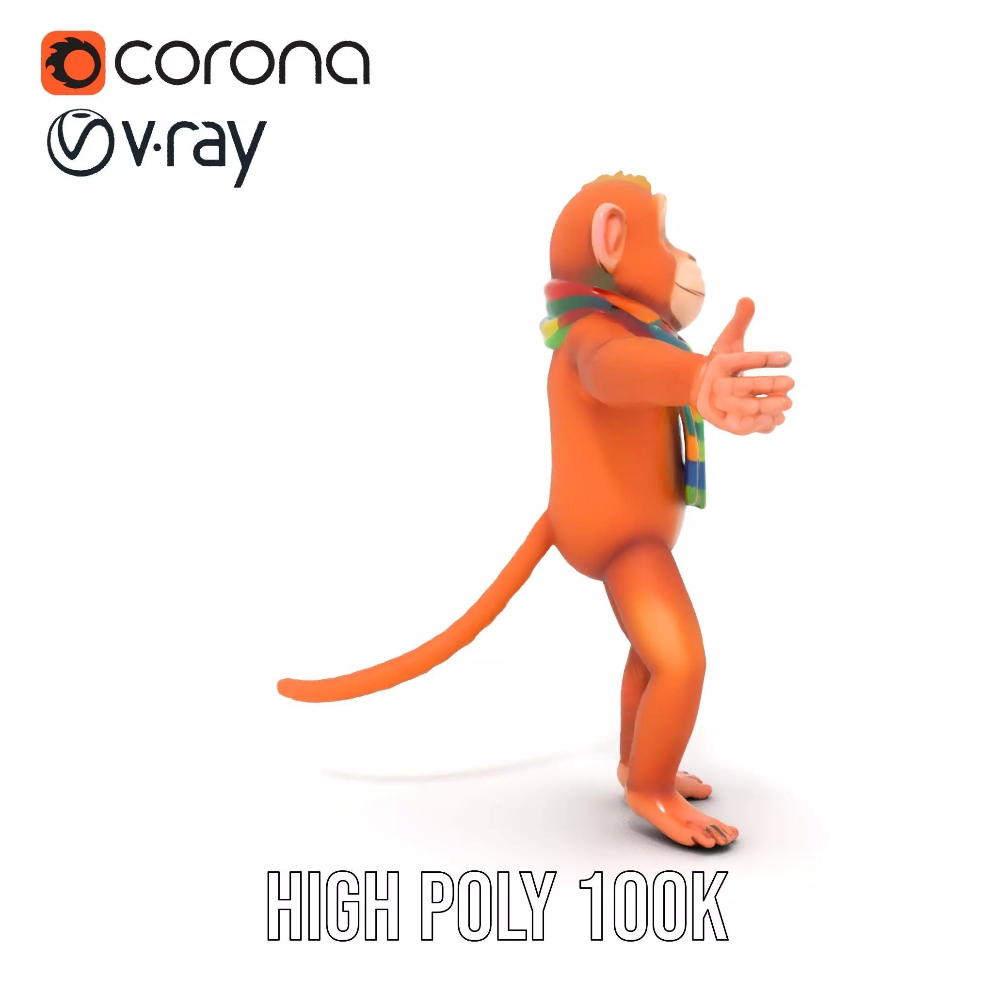Cheerful Orange Monkey Character with Scarf  Rigged and Animated Low-poly 3D model_31