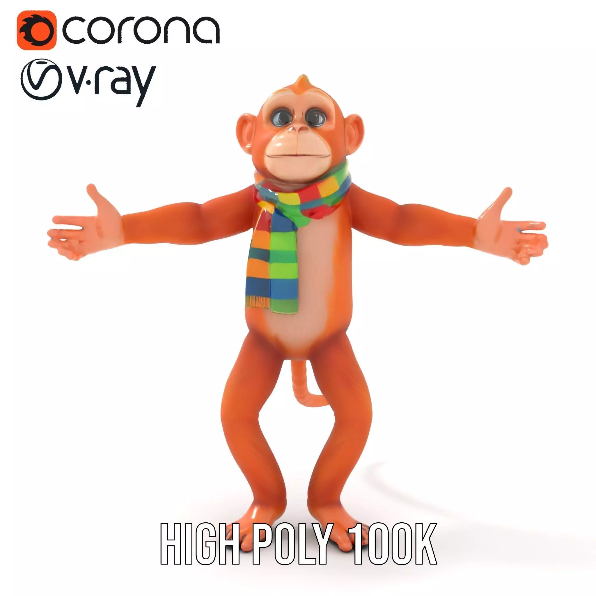 Cheerful Orange Monkey Character with Scarf  Rigged and Animated Low-poly 3D model_11