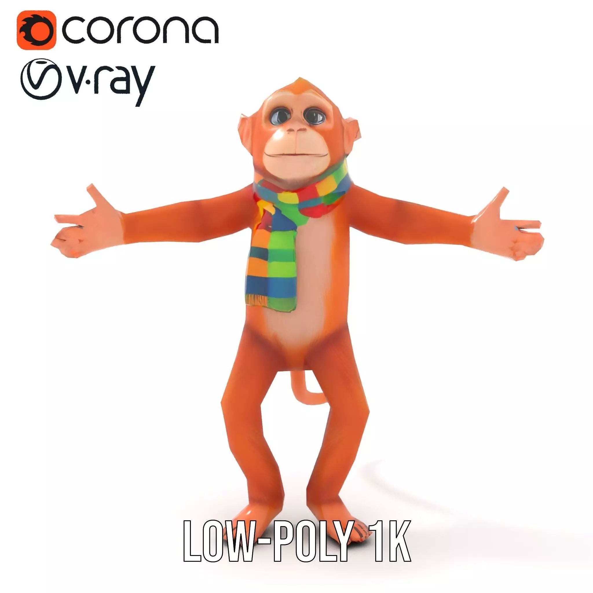 Cheerful Orange Monkey Character with Scarf  Rigged and Animated Low-poly 3D model_16