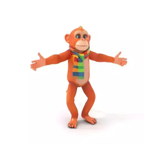 Cheerful Orange Monkey Character with Scarf  Rigged and Animated Low-poly 3D model