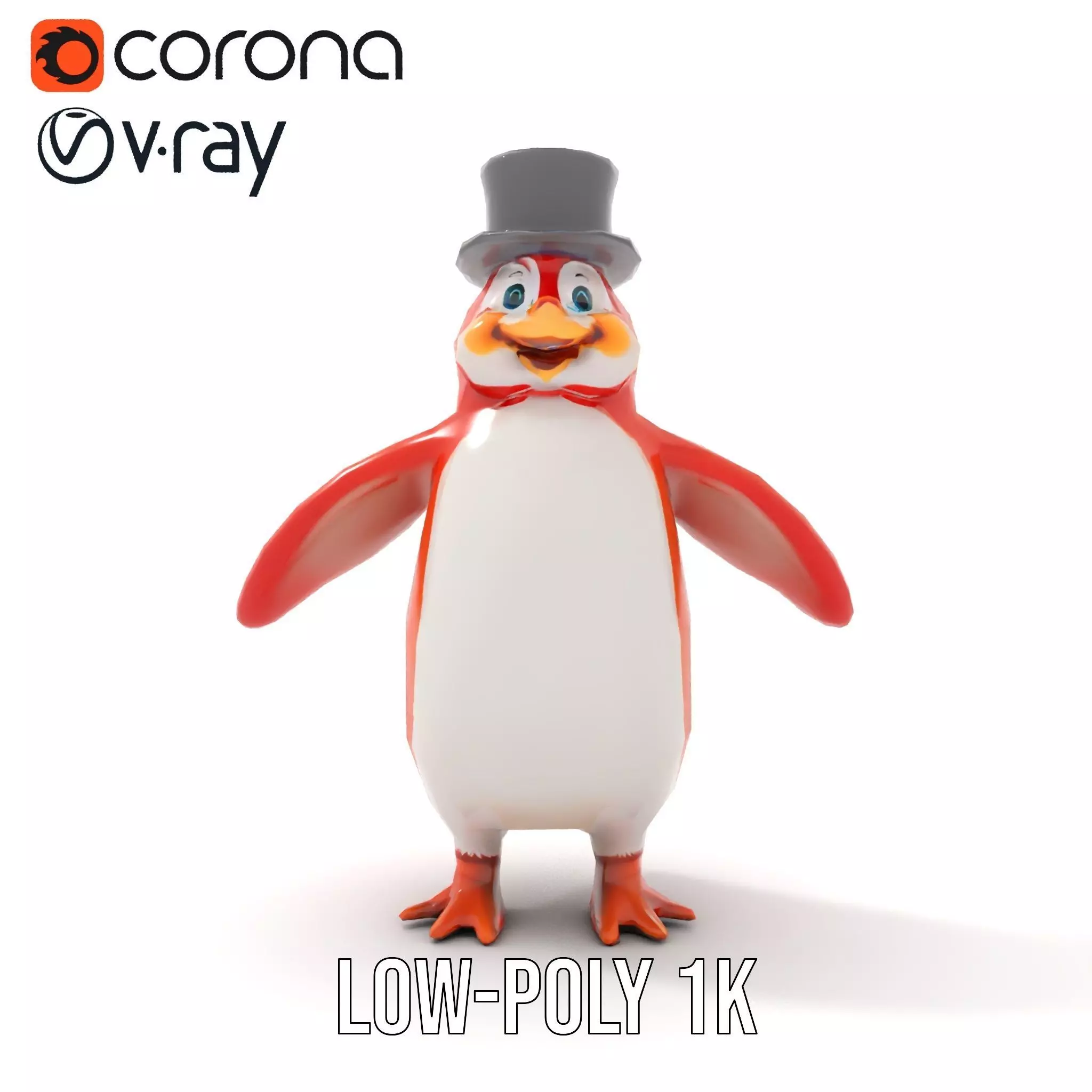 Cheerful Orange Penguin with Top Hat  Rigged and Animated Low-poly 3D model_8