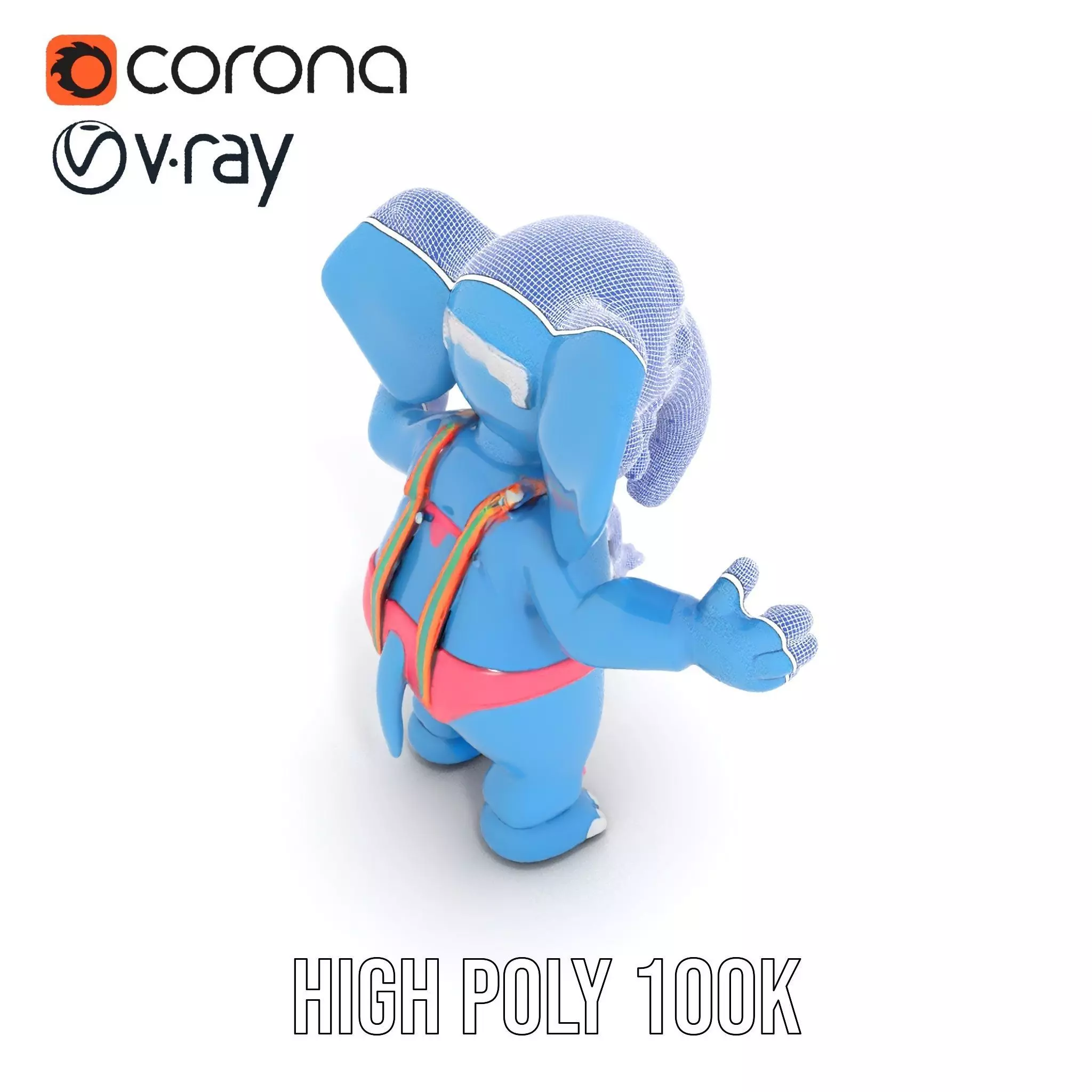 Blue Elephant with Suspenders Rigged and Animated Character Low-poly 3D model_32