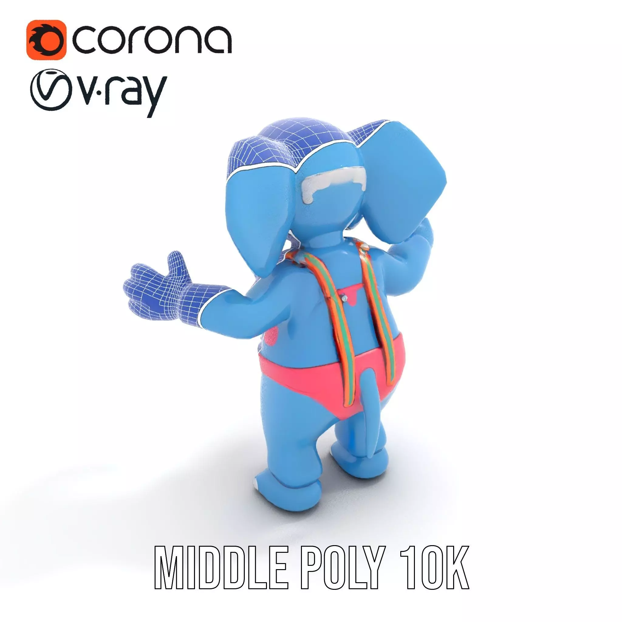 Blue Elephant with Suspenders Rigged and Animated Character Low-poly 3D model_29