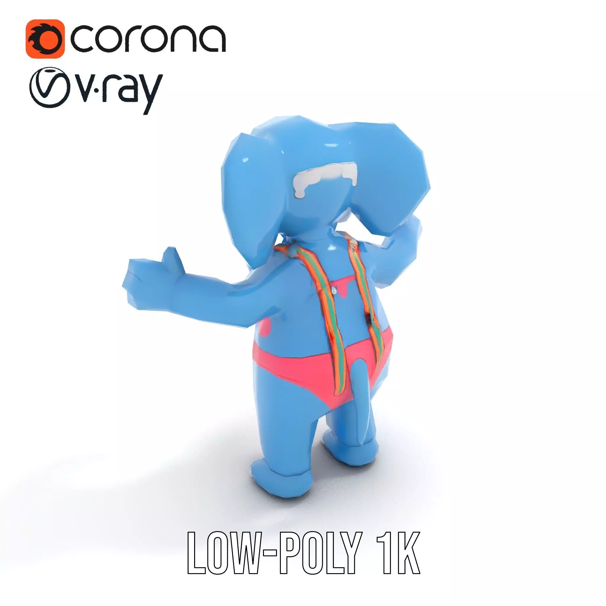 Blue Elephant with Suspenders Rigged and Animated Character Low-poly 3D model_7